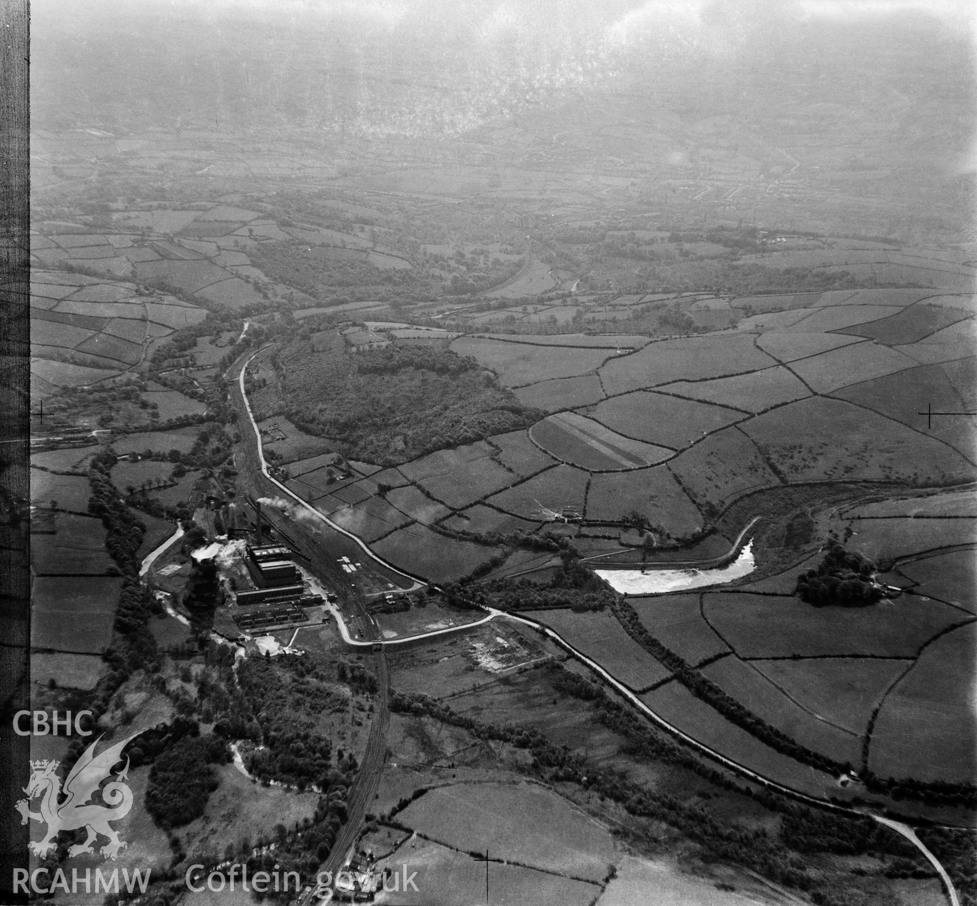 View labelled "South Wales Electric Power Co Bridgend Site", showing Llynfi Valley Power station with camoflaged cooling tower.