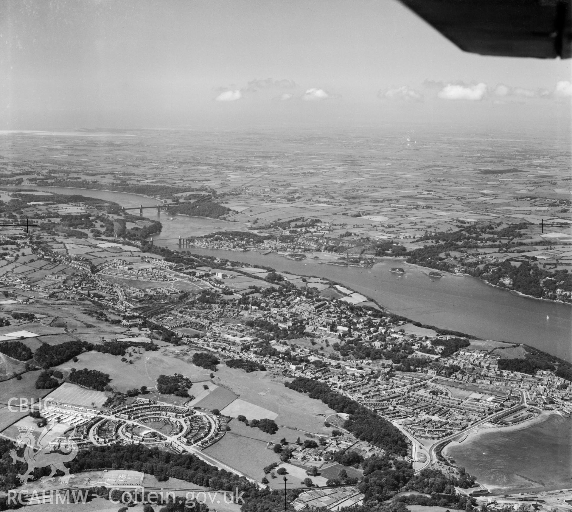 Distant view of Bangor and Menai Straits showing Maesgeirchen housing estate