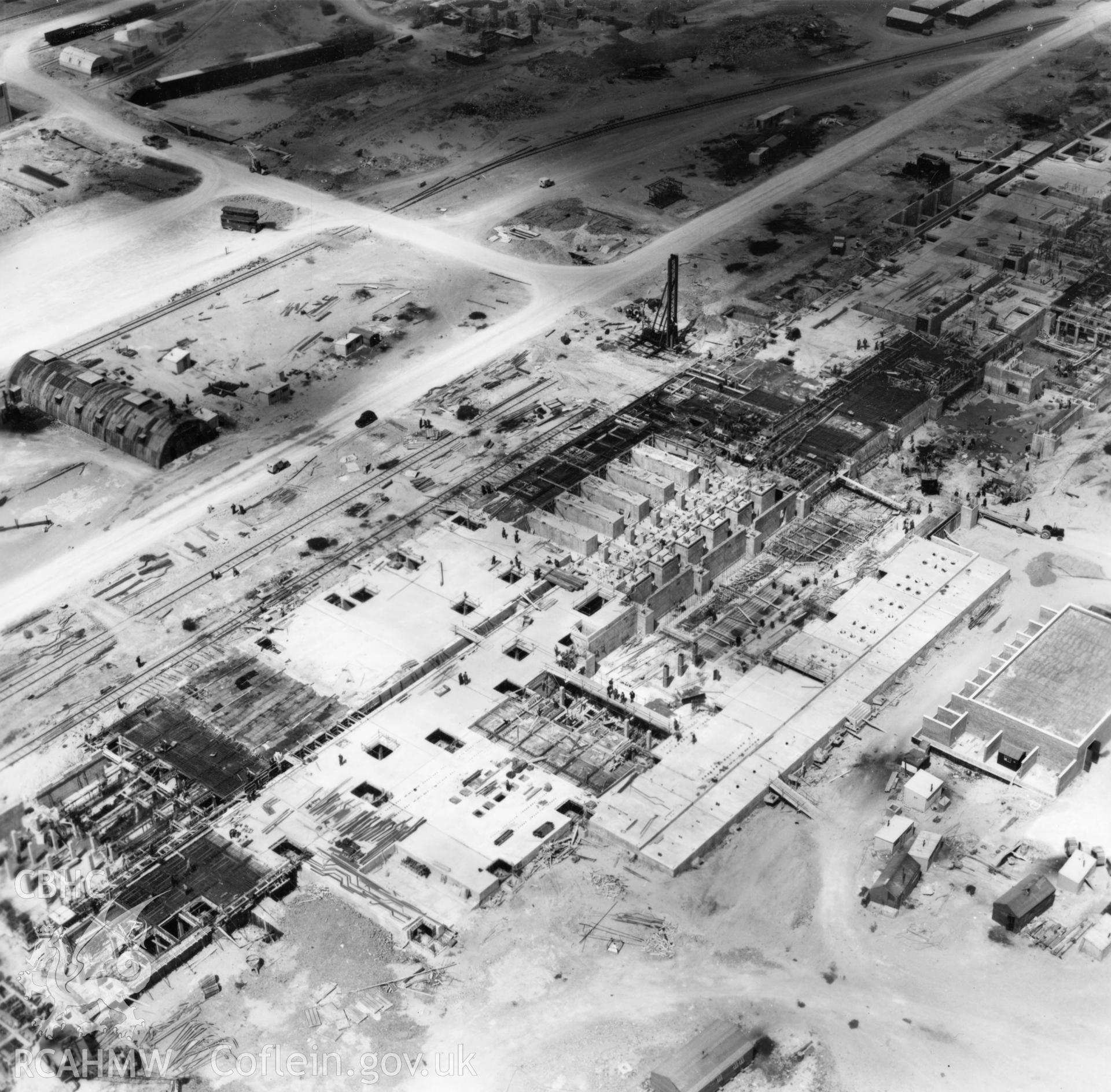 View of Abbey Steelworks, Port Talbot, under construction. Oblique aerial photograph, 5?" cut roll film.