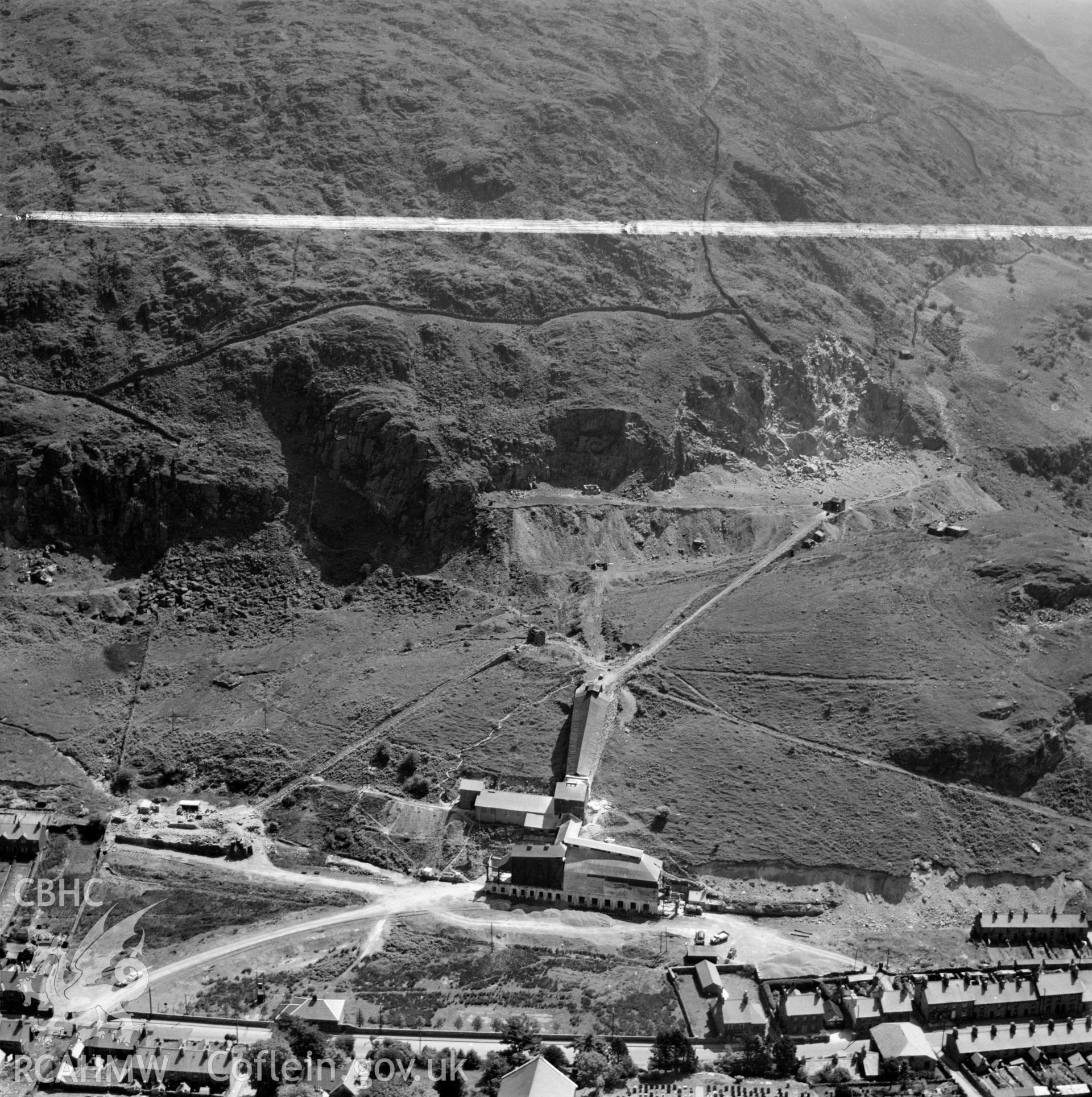 View of Madoc quarry, Blaenau Ffestiniog, commissioned by Cawood Wharton & Co. Ltd.. Oblique aerial photograph, 5?" cut roll film.