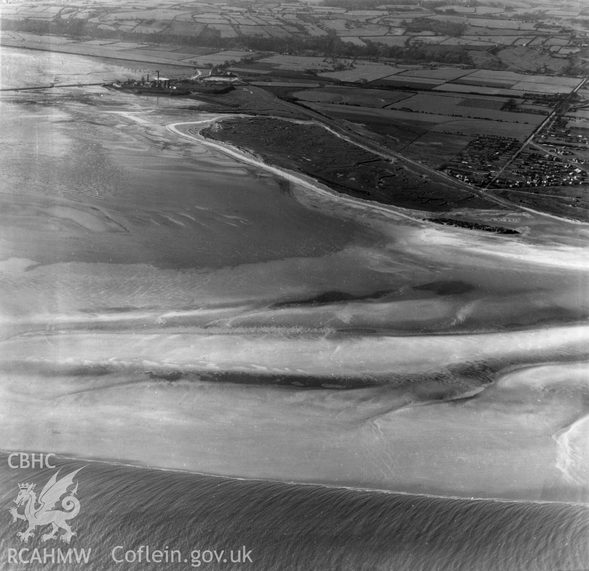 View of mudflats at Point of Ayr, showing colliery. Oblique aerial photograph, 5?" cut roll film.
