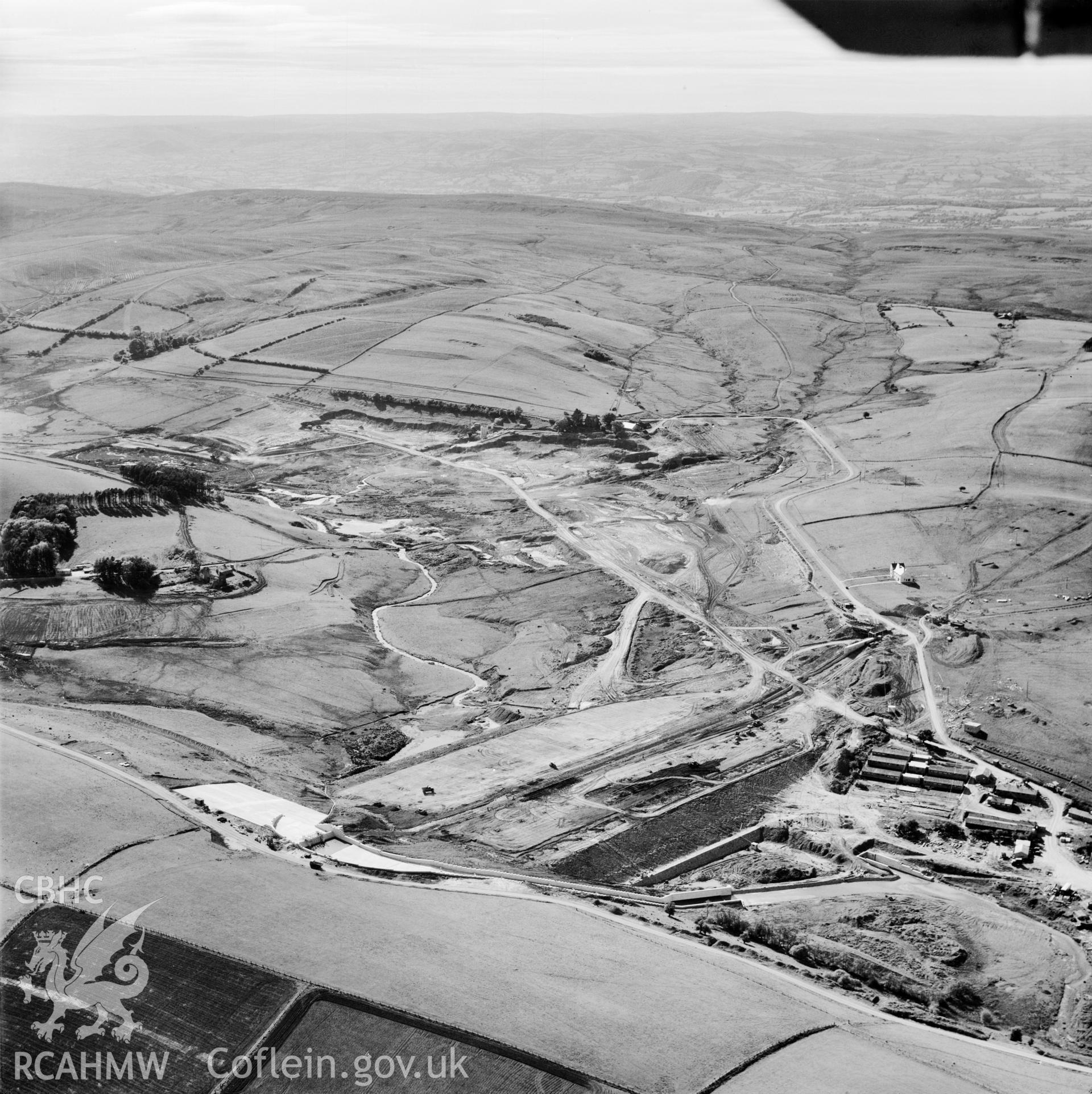 View showing construction of Usk reservoir, commissioned by County Borough of Swansea