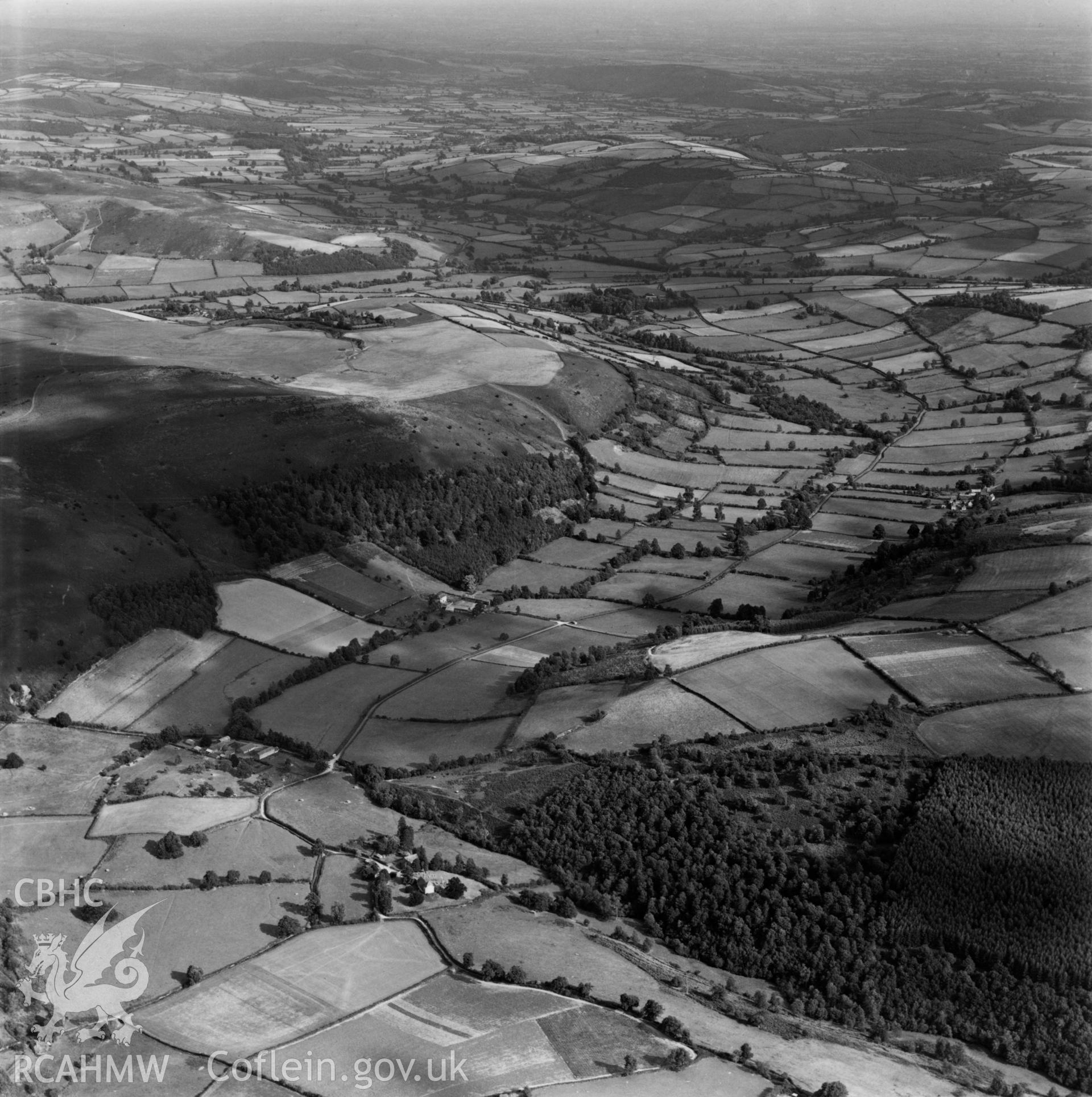 View of Rodd, Lugg Valley, looking east, commissioned by Lord Renner. Oblique aerial photograph, 5?" cut roll film.