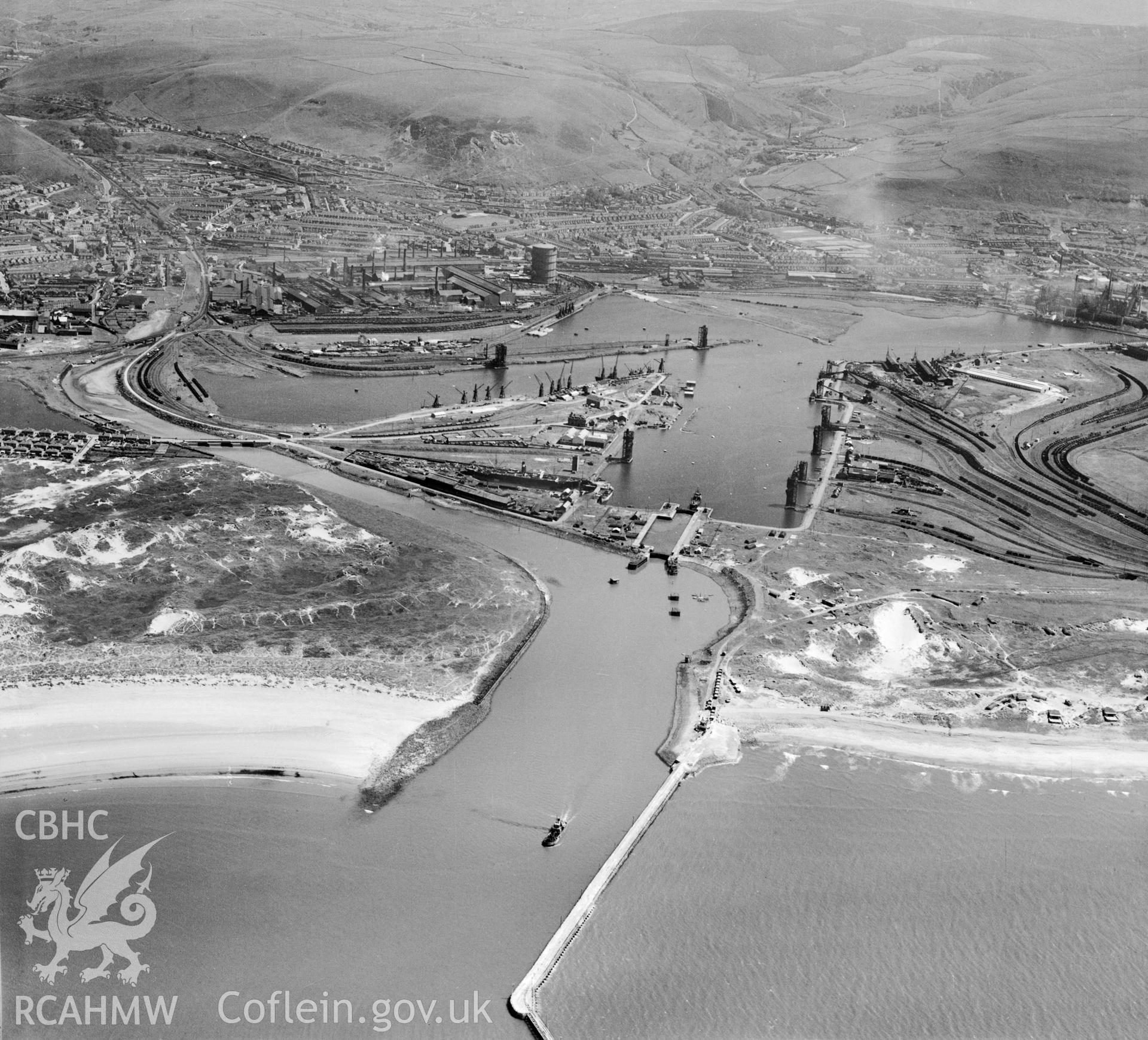 General view of Port Talbot showing docks