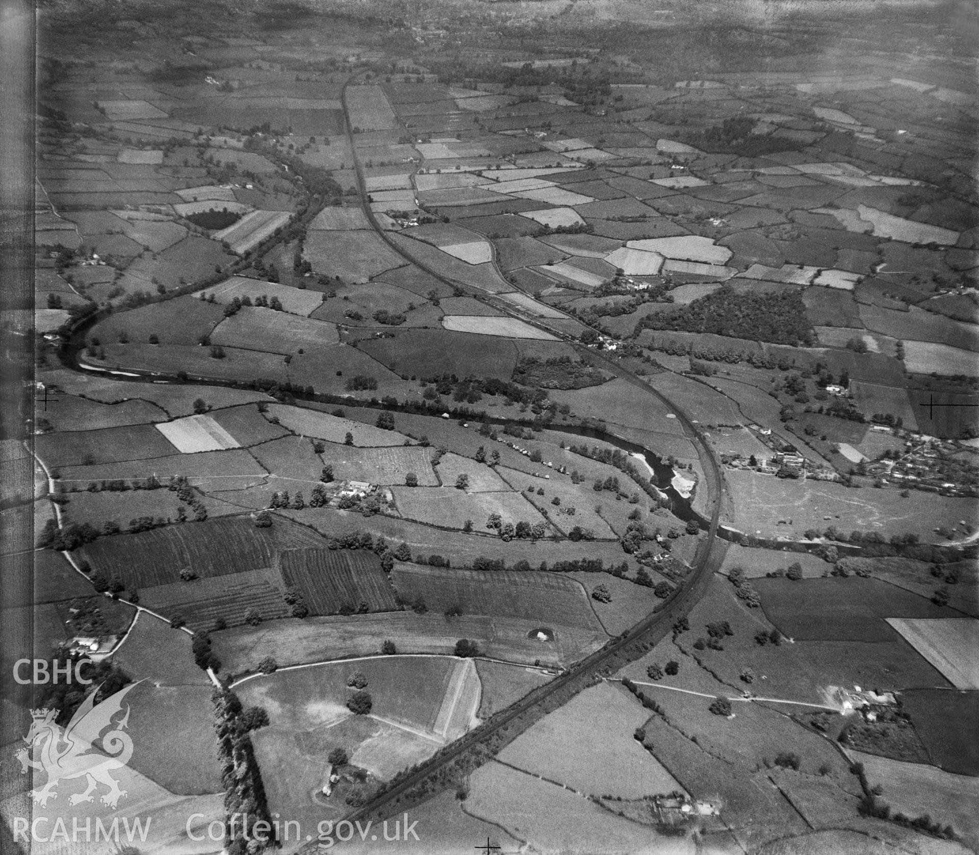 View of landscape south of Abergavenny showing the railway and river Usk