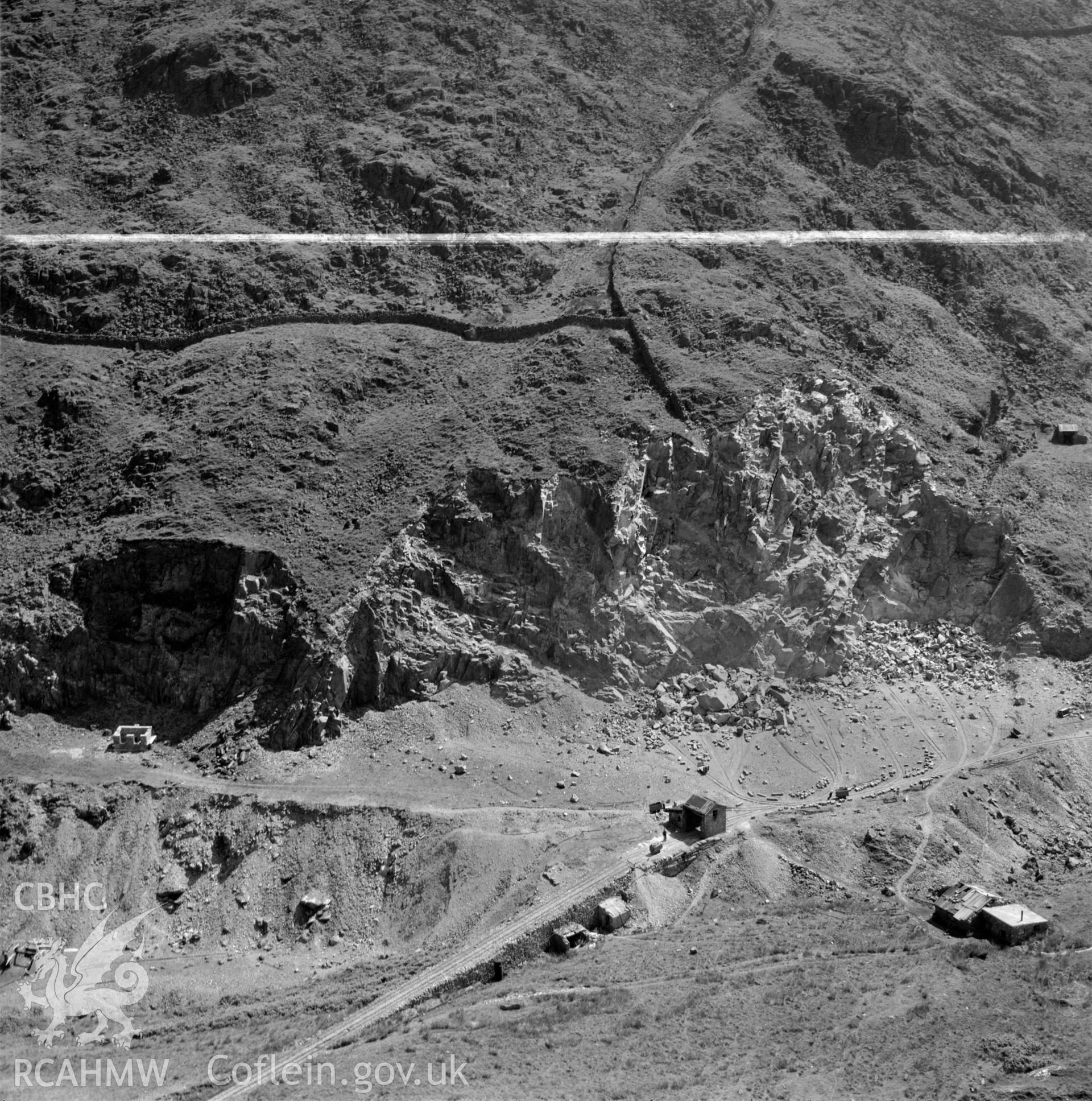 View of Madoc quarry, Blaenau Ffestiniog, commissioned by Cawood Wharton & Co. Ltd.. Oblique aerial photograph, 5?" cut roll film.