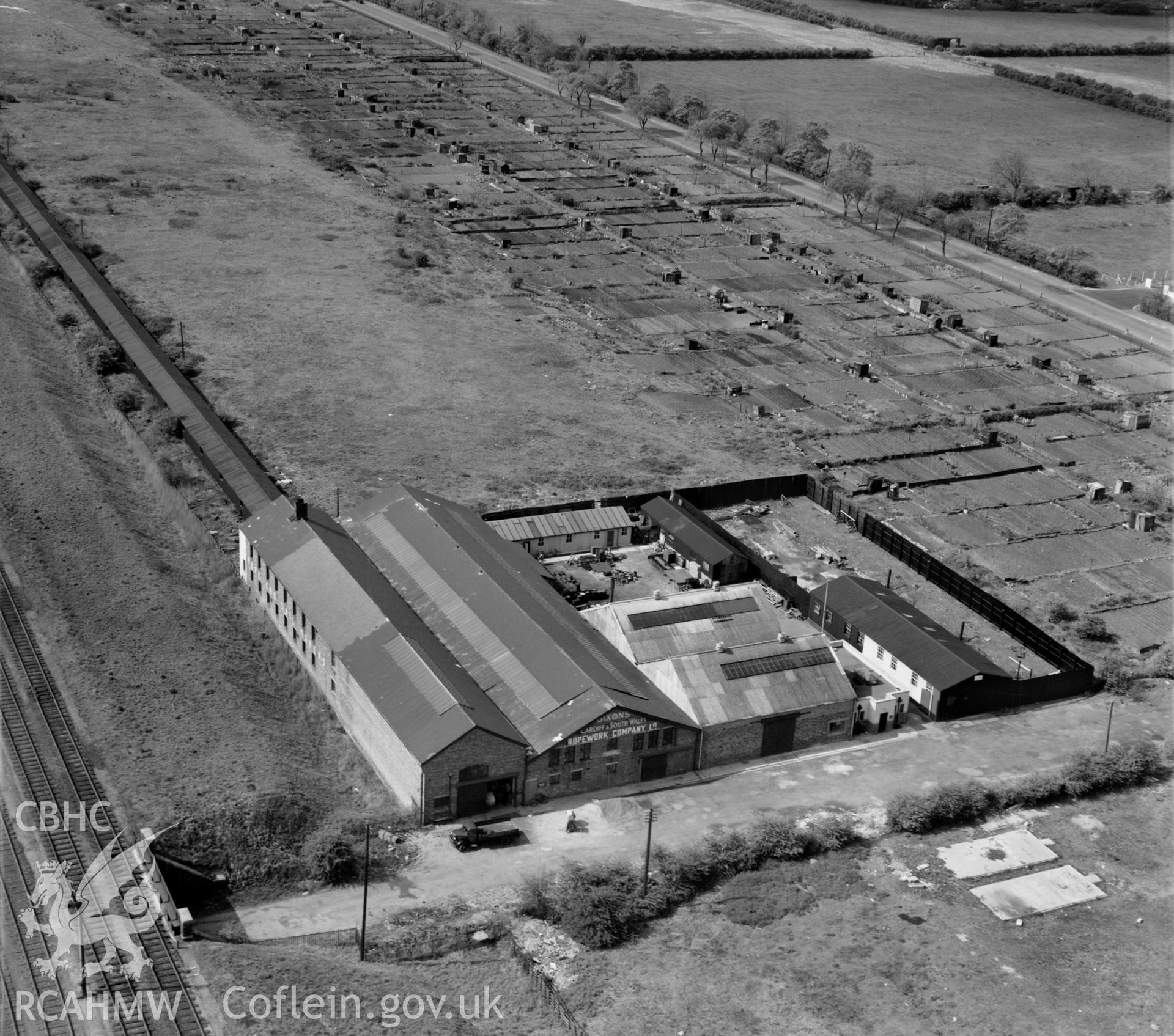 View of Dixon's Ropeworks, Penarth, also showing allotments