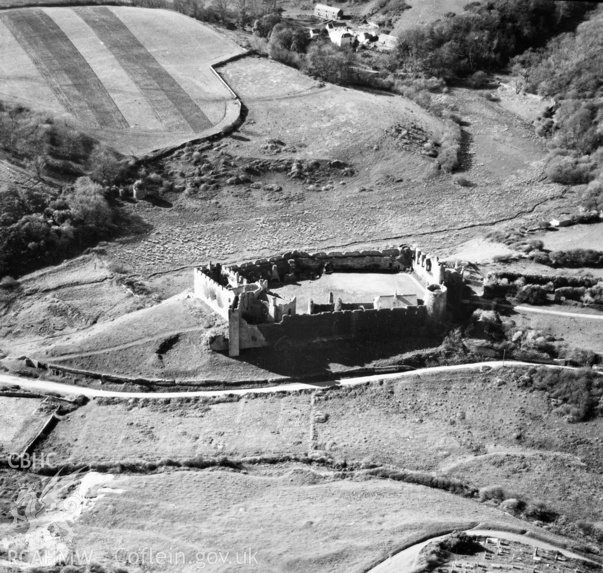 View of Manorbier Castle. Oblique aerial photograph, 5?" cut roll film.