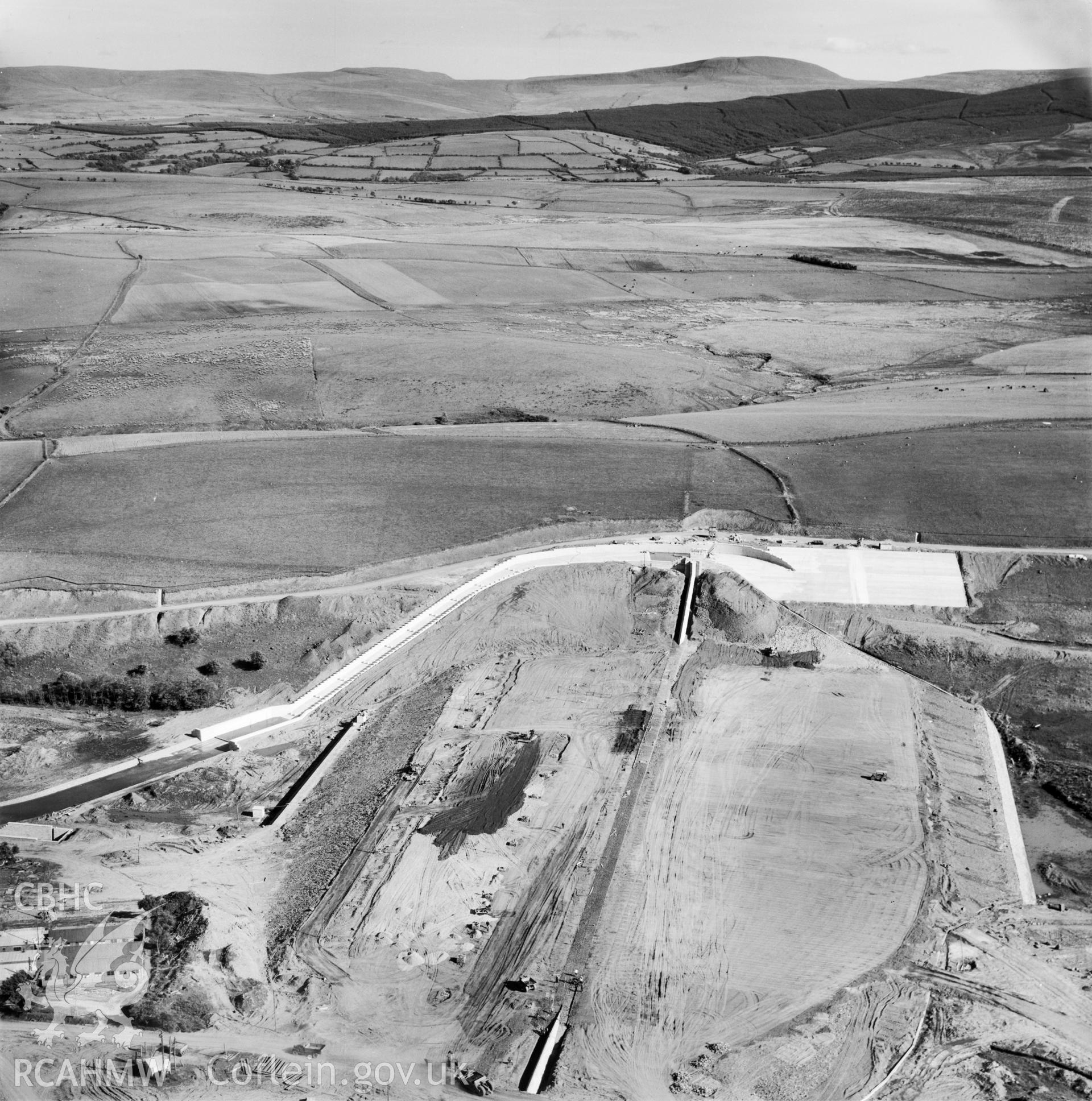 View showing construction of Usk reservoir, commissioned by County Borough of Swansea