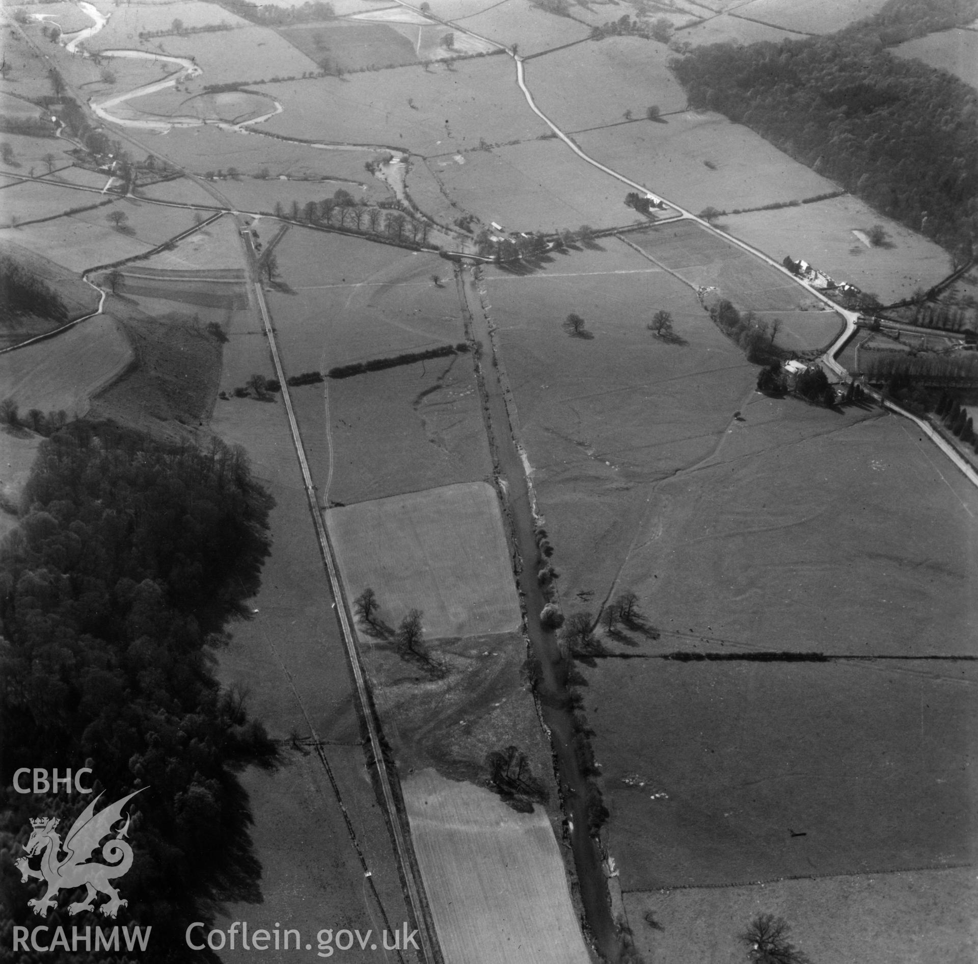 View of the Tanat valley showing railway and Llangedwyn Bridge. Oblique aerial photograph.