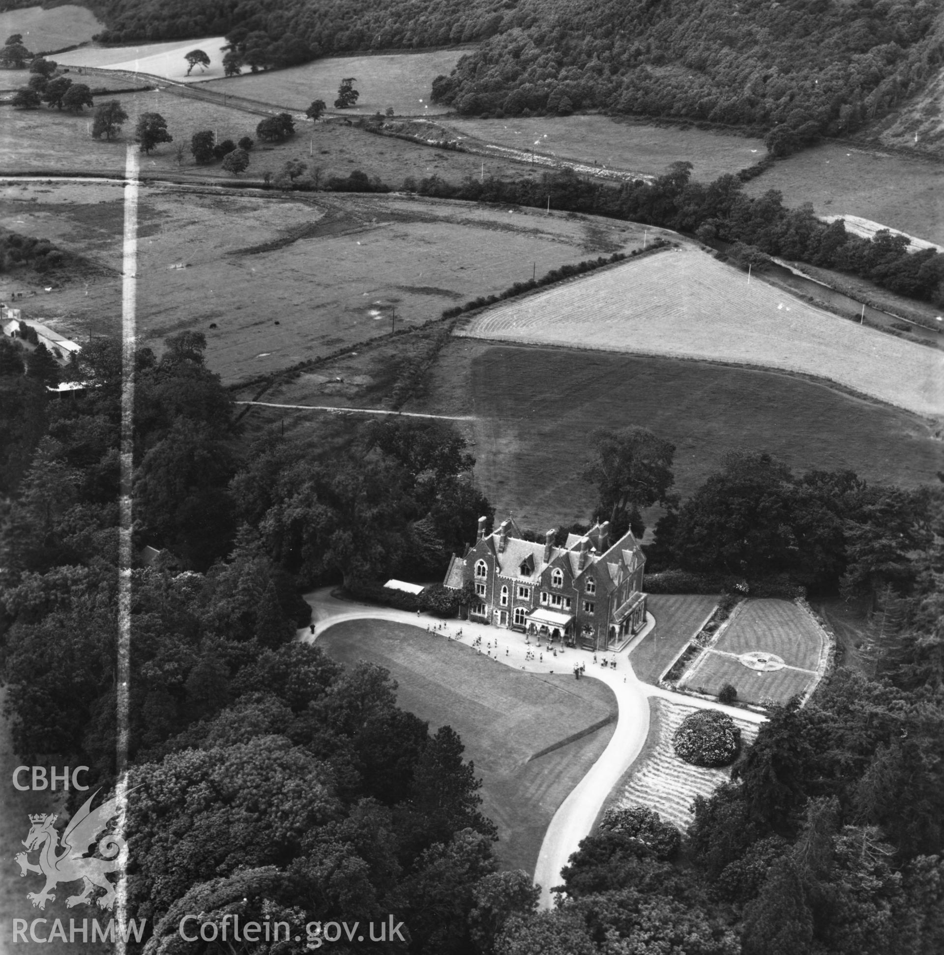 View of Abermad, listed as 'Holywood School' with children outside. Oblique aerial photograph, 5?" cut roll film.