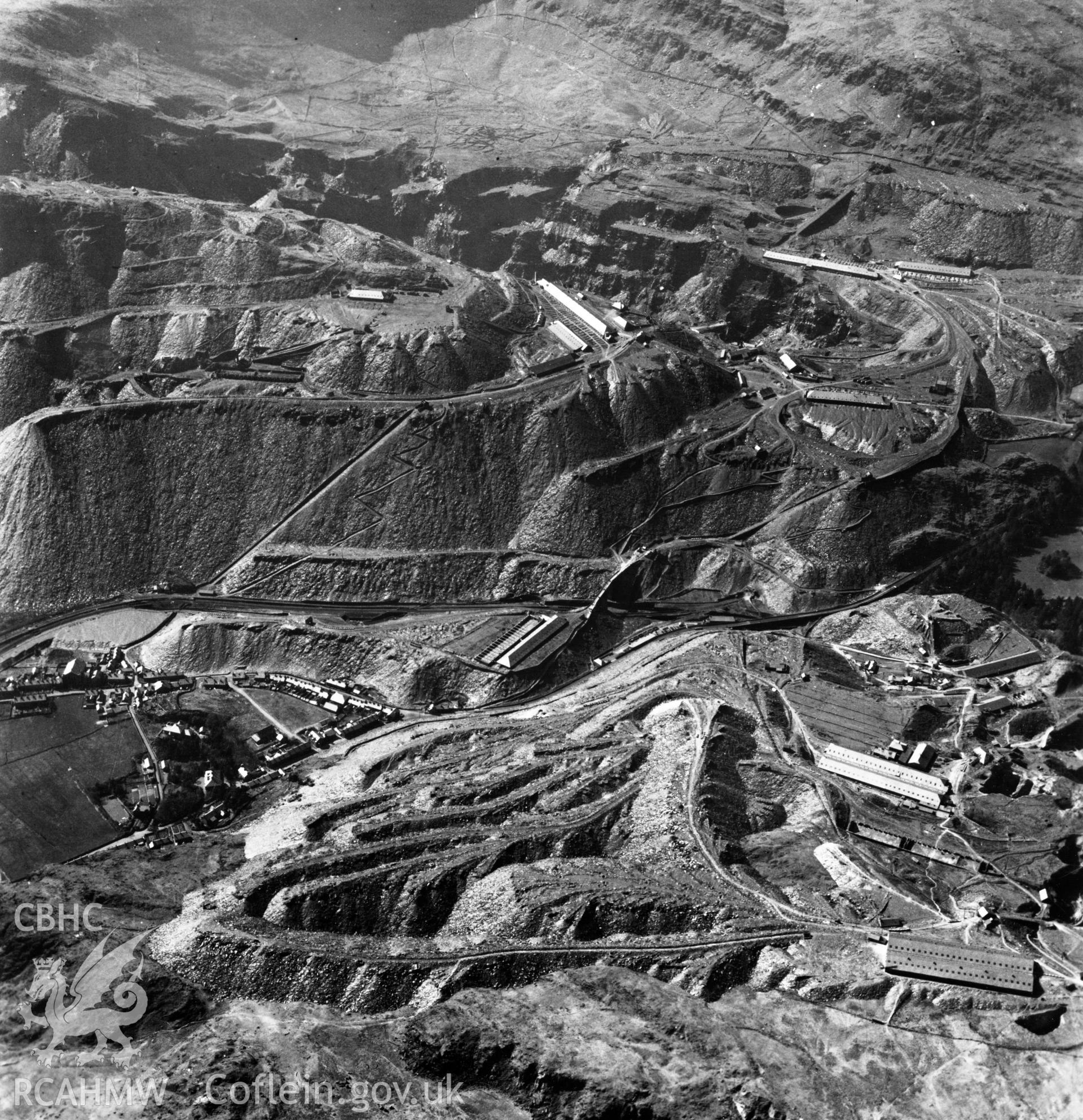 View of Oakley Slate quarries Co. Ltd.. Oblique aerial photograph, 5?" cut roll film.