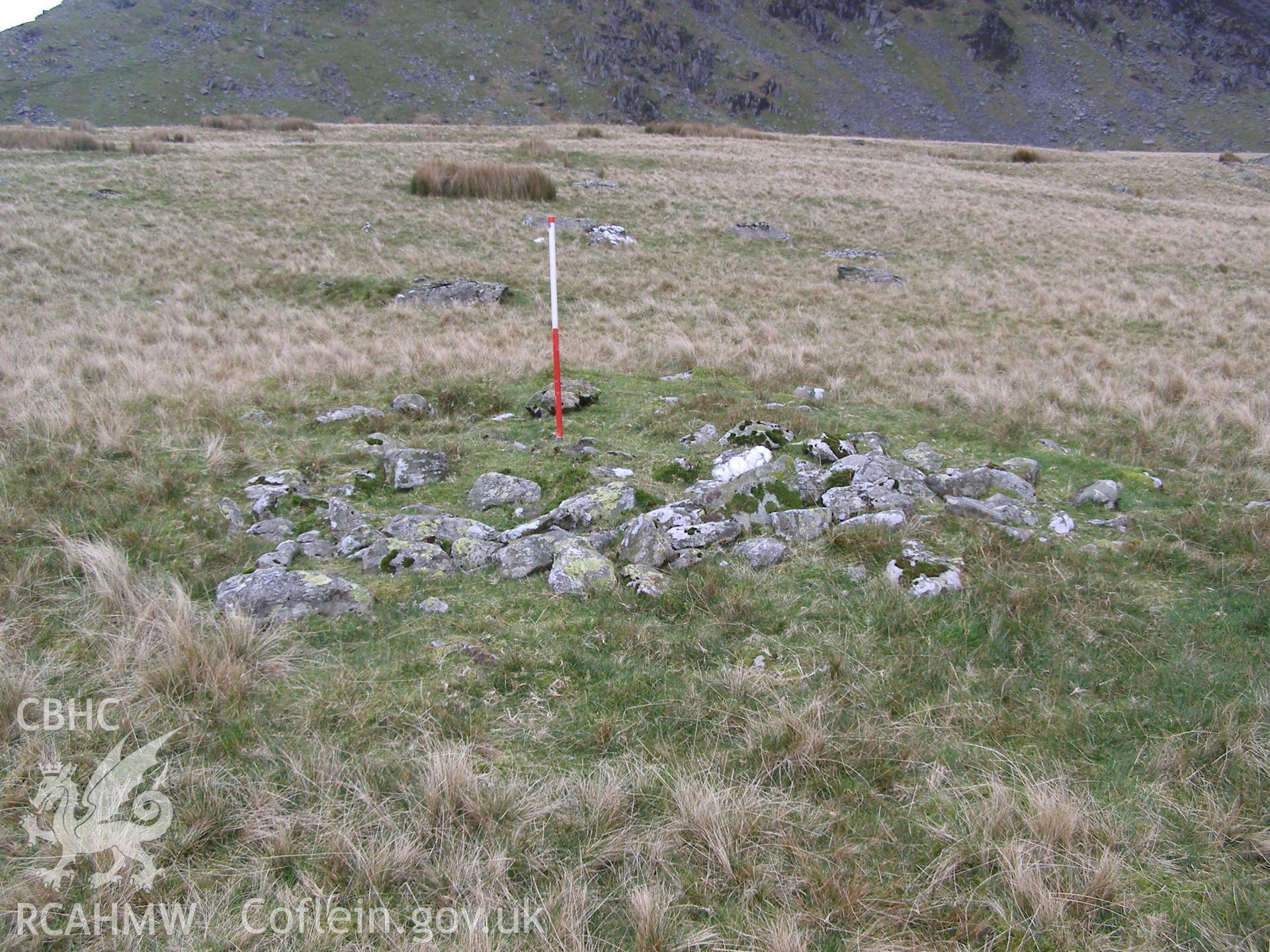 Digital colour photograph of Llyn Ffynnon-y-Gwas cairn taken on 12/12/2007 by P.J. Schofield during the Snowdon North West Upland Survey undertaken by Oxford Archaeology North.