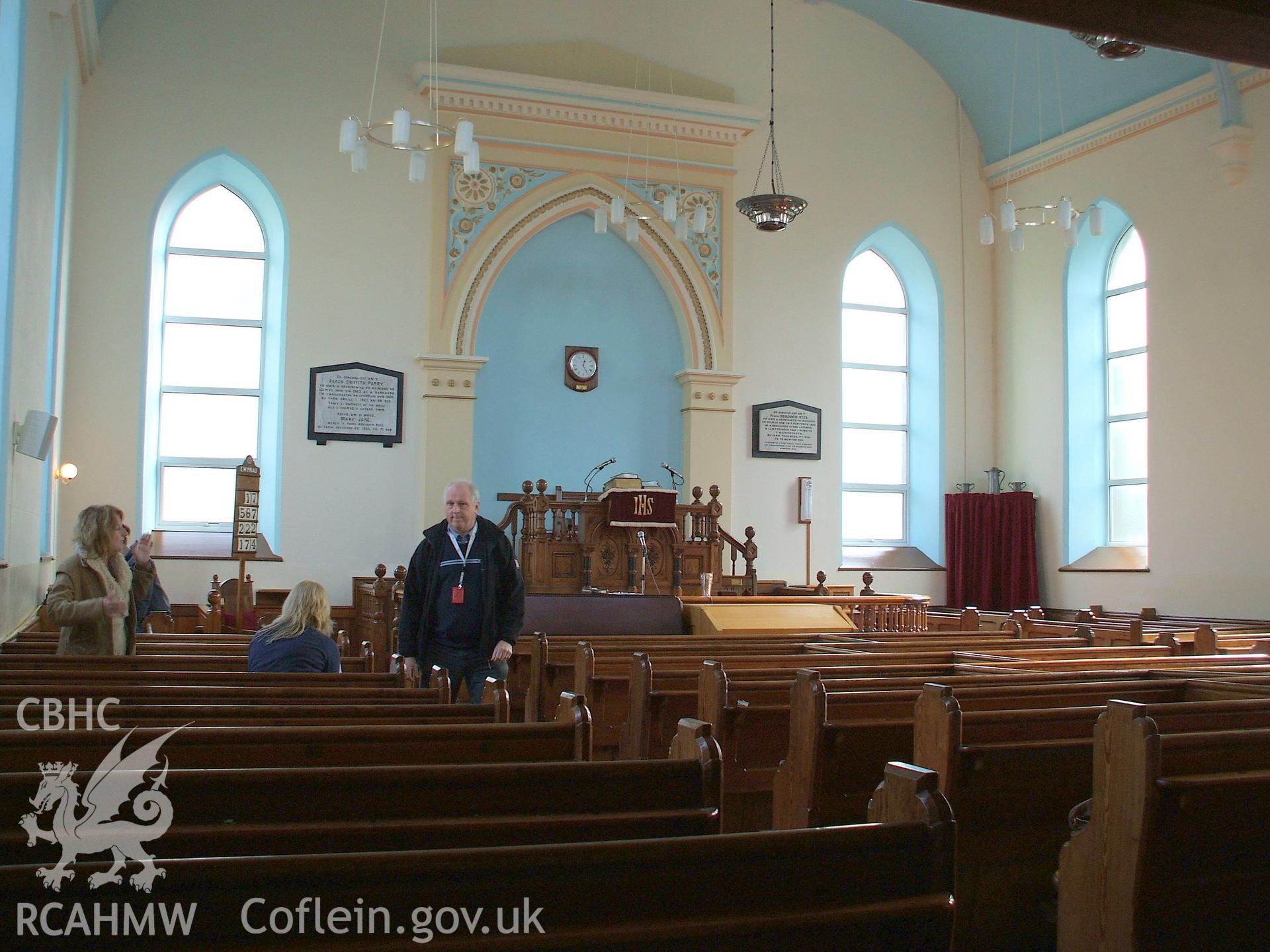 Colour digital photograph showing the interior of Soar Chapel, Llanbadarn Fawr.