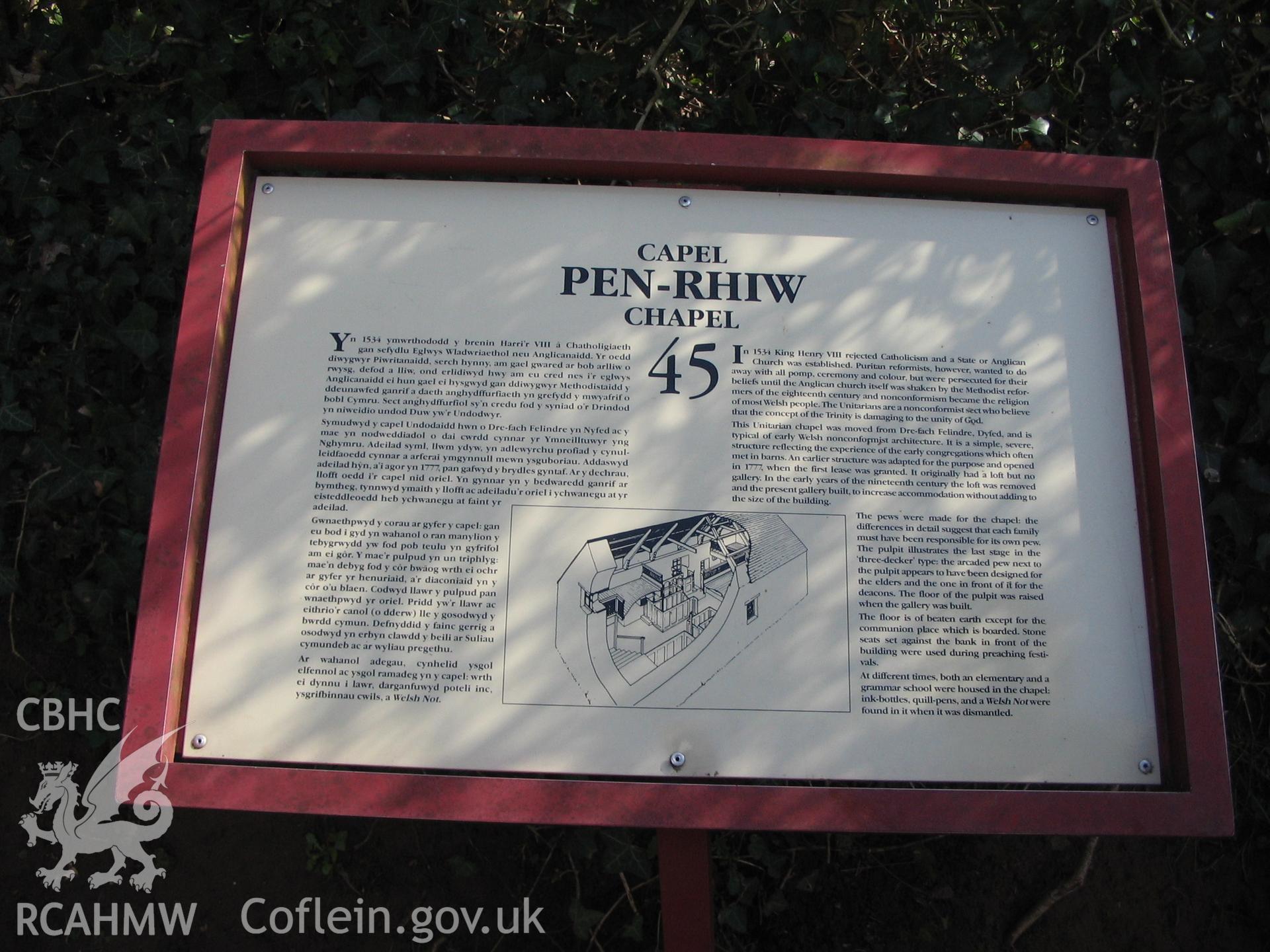 Colour digital photograph showing an information plaque about Pen-Rhiw Unitarian Chapel, Welsh Folk Museum, Castle Hill, St. Fagans.