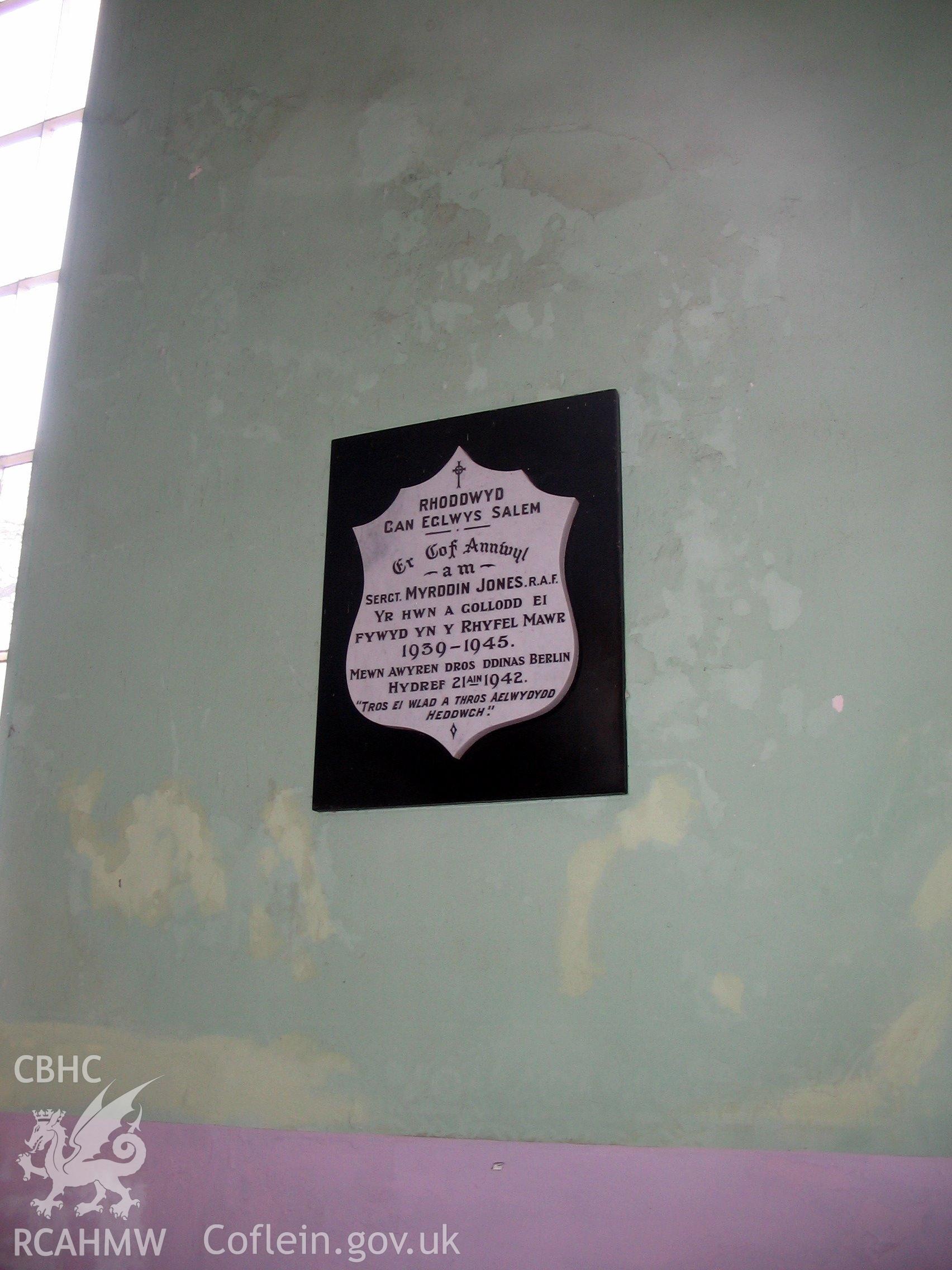 Colour digital photograph showing a plaque hanging on a wall inside Salem Welsh Independent Chapel, Trefeurig.