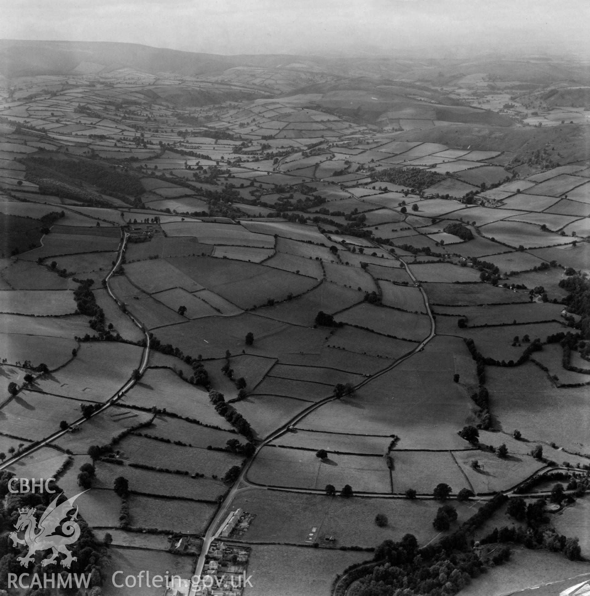 View of Rodd, Lugg Valley, looking west, commissioned by Lord Renner. Oblique aerial photograph, 5?" cut roll film.