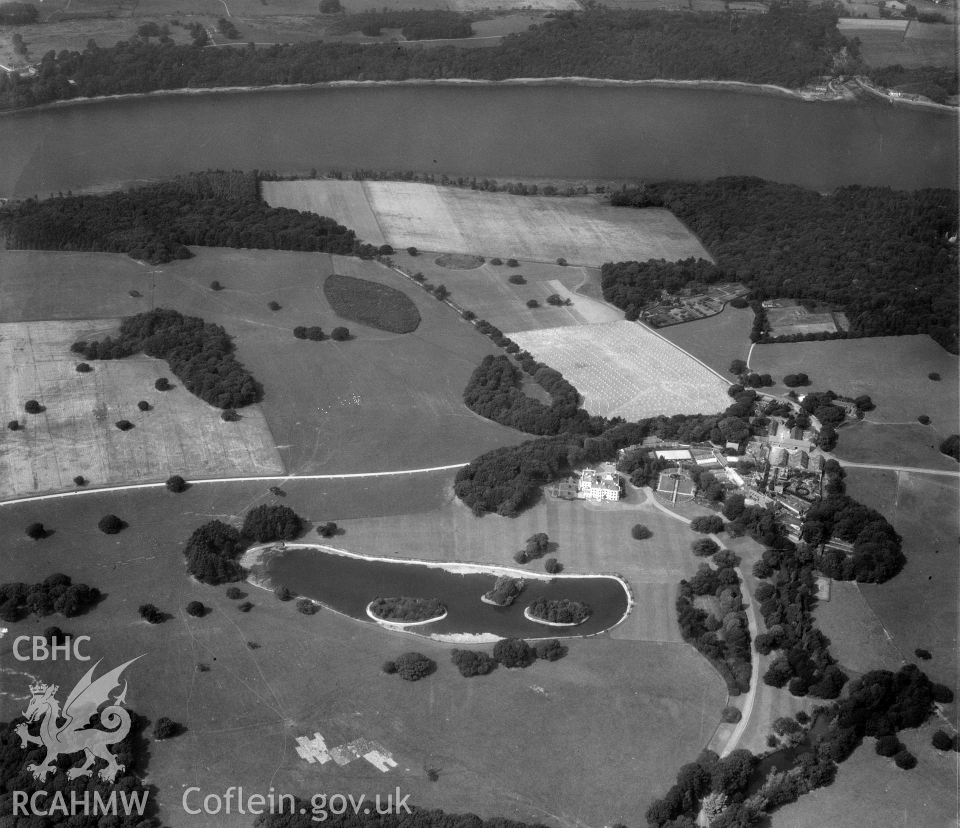 View of Vaynol Hall, estate buildings and parkland