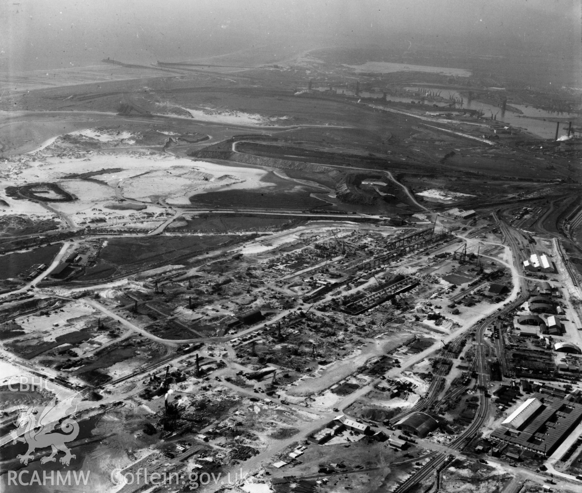 General view of Abbey Steelworks, Port Talbot, under construction. Oblique aerial photograph, 5?" cut roll film.