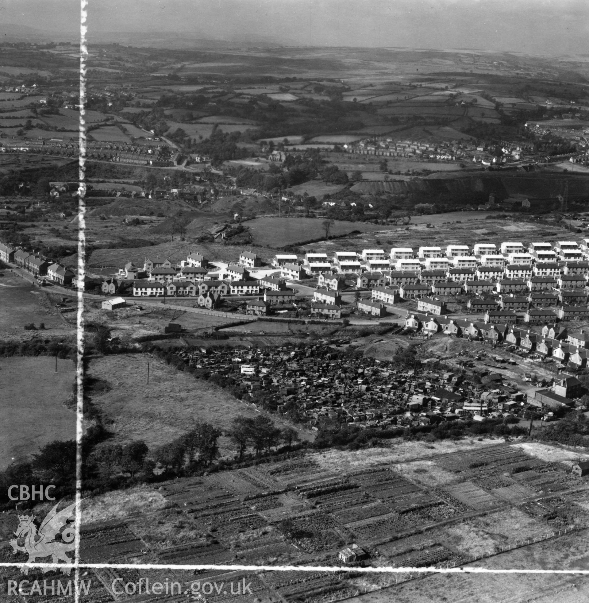 View of Gibbs Brothers vehicle scrap yard at Blackwood, Mynyddislwyn. Oblique aerial photograph, 5?" cut roll film.