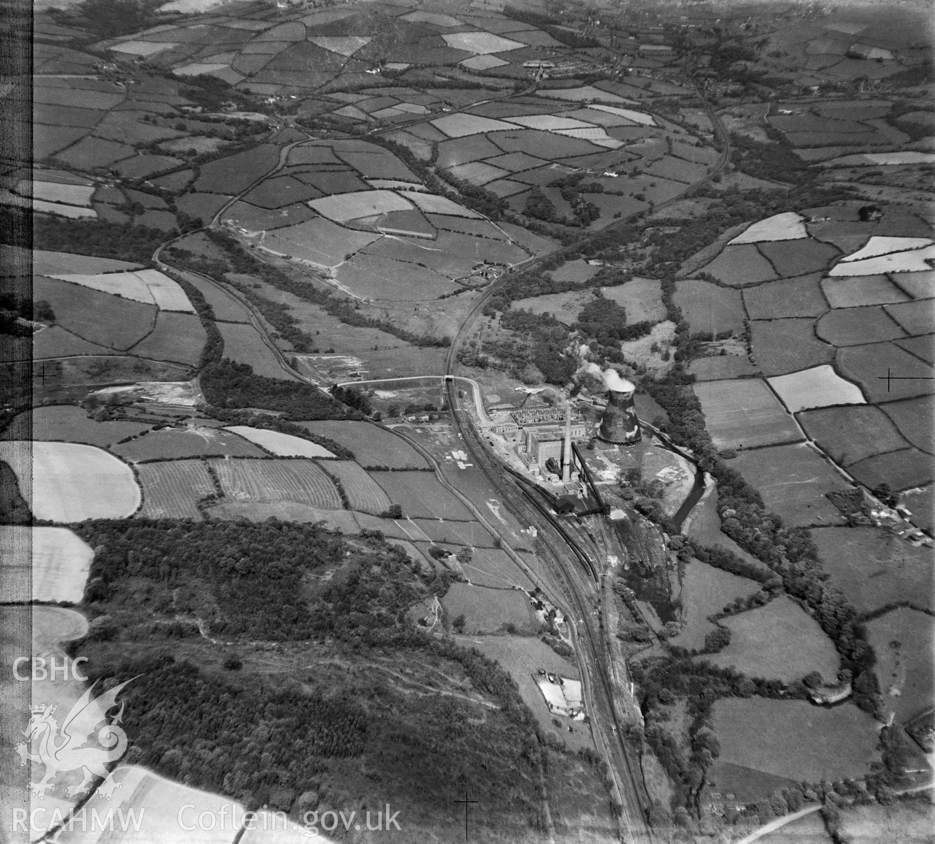 View labelled "South Wales Electric Power Co Bridgend Site", showing Llynfi Valley Power station with camoflaged cooling tower.