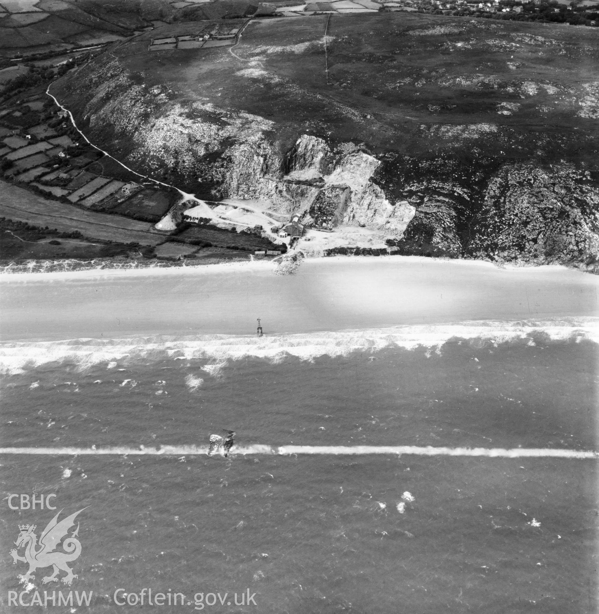 View of Llanbedrog quarry, showing aerial ropeway, commissioned by Cawood Wharton & Co. Ltd.. Oblique aerial photograph, 5?" cut roll film.