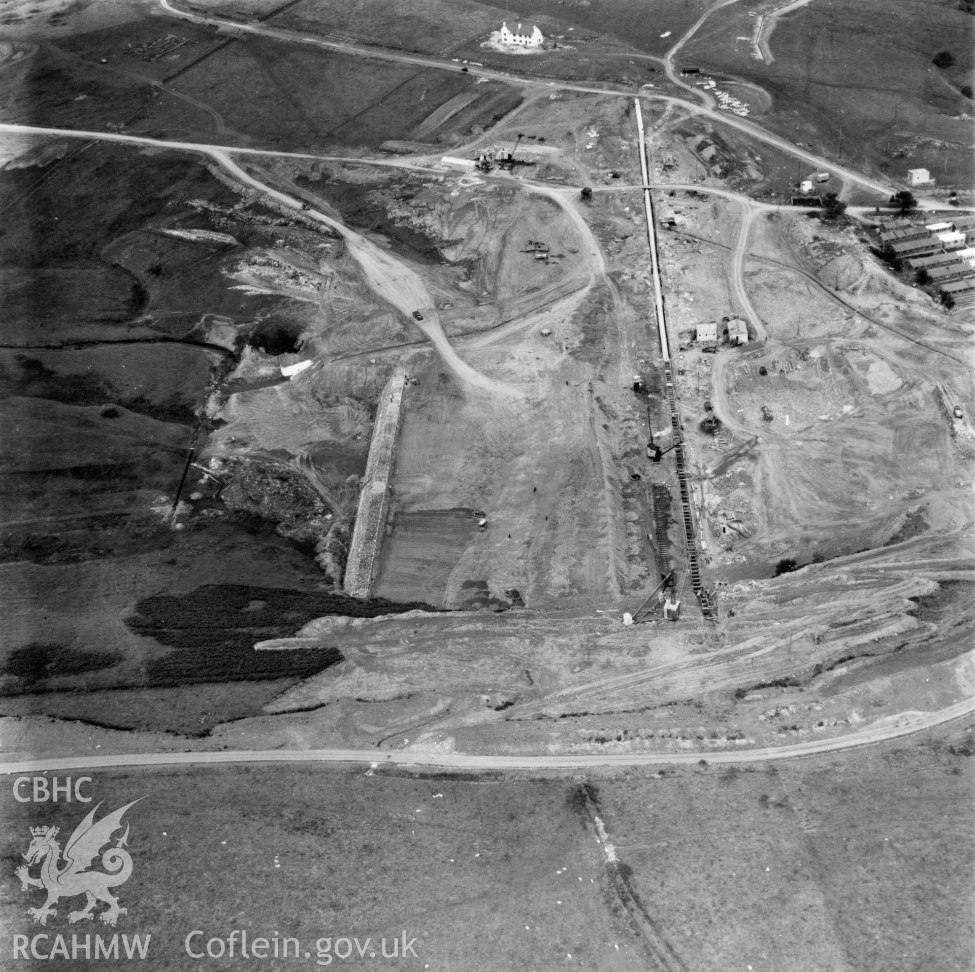 View of site during the construction of Usk Reservoir. Oblique aerial photograph, 5?" cut roll film.