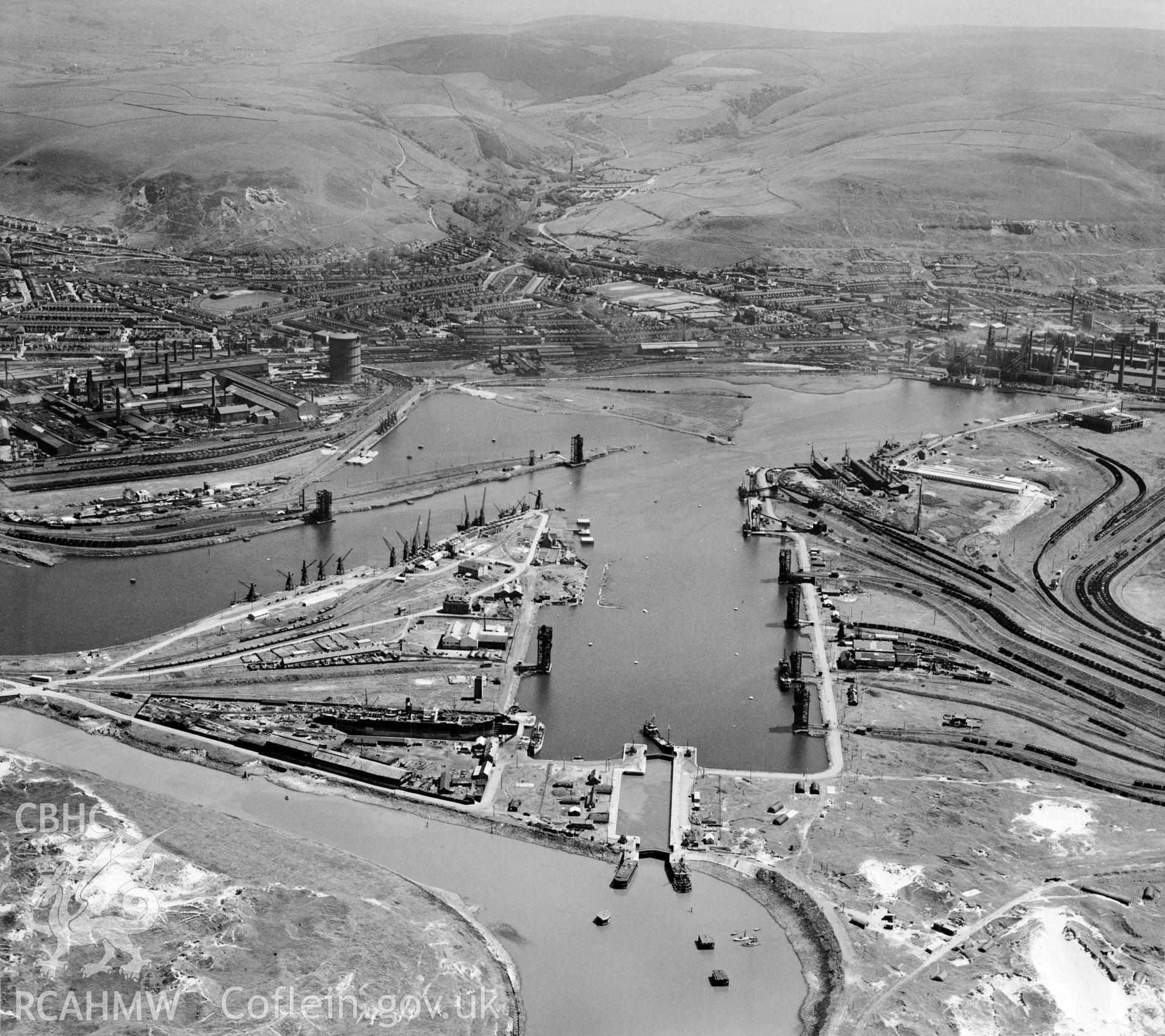General view of Port Talbot showing docks
