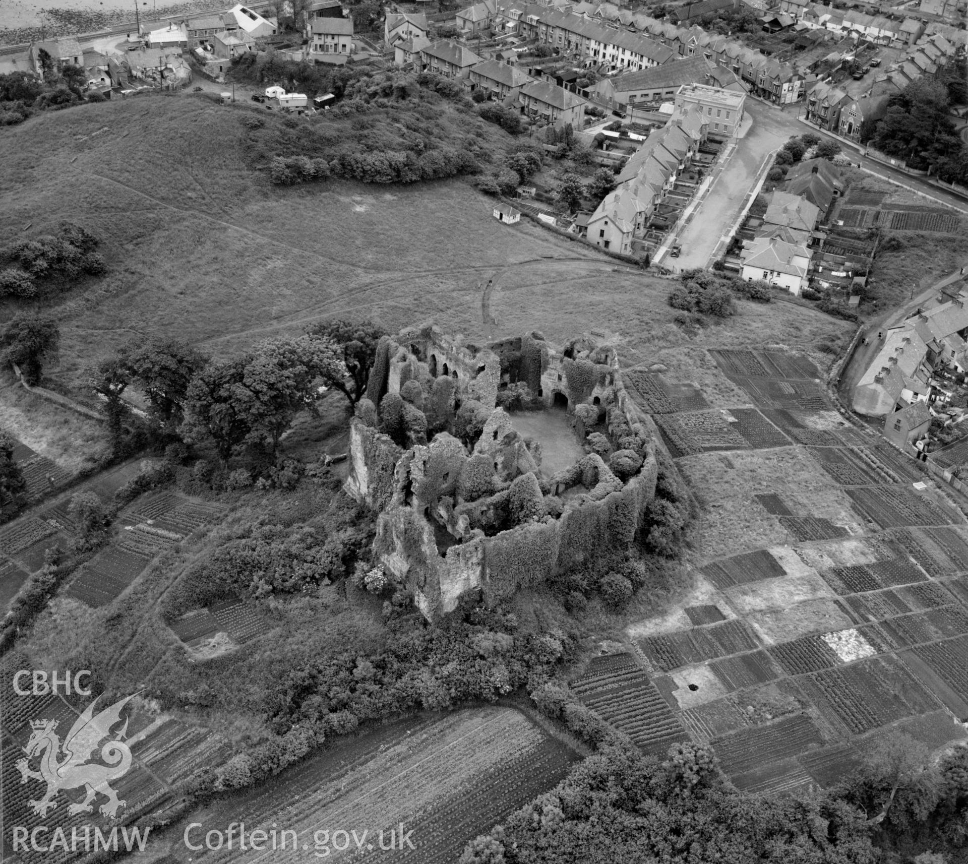 View of Oystermouth castle showing allotment gardens