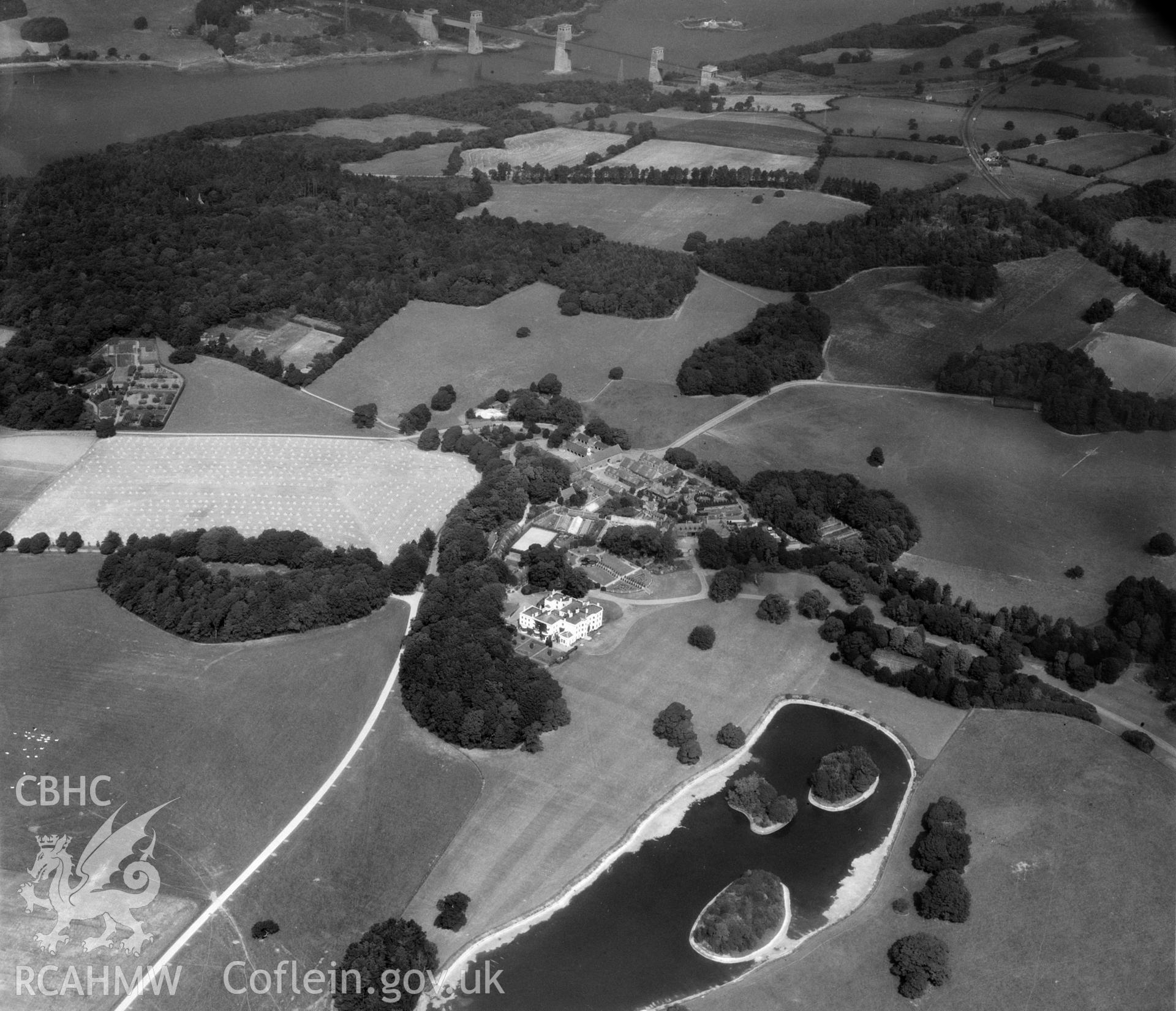 View of Vaynol Hall, estate buildings and parkland