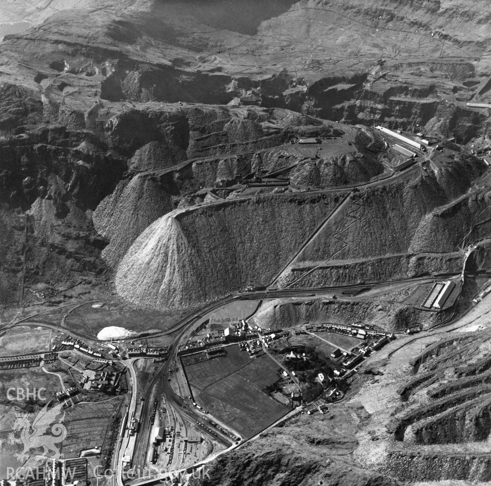 View of Oakley Slate quarries Co. Ltd., showing Rhiwbryfdir and zigzag miners path. Oblique aerial photograph, 5?" cut roll film.