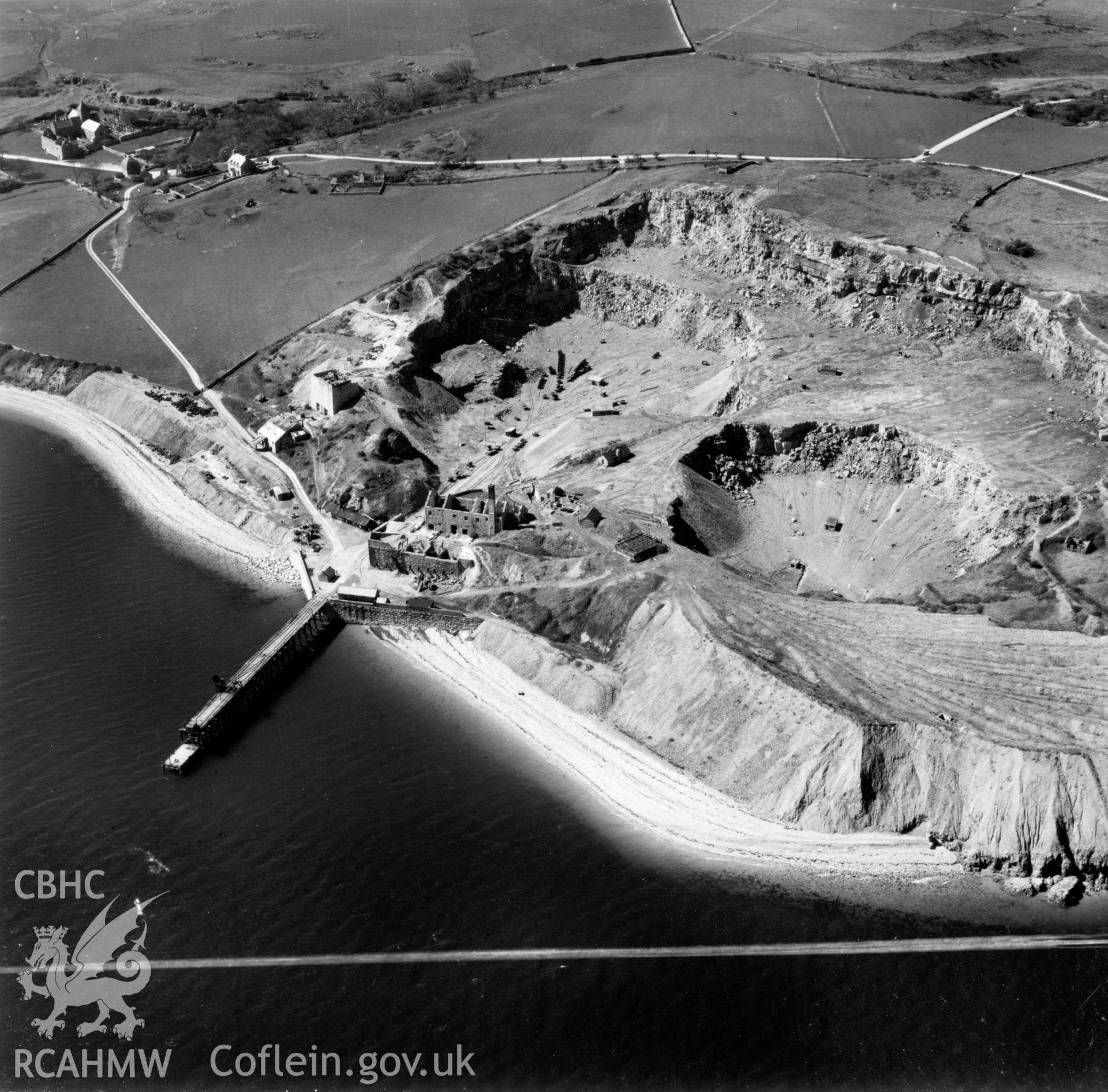 View of Flagstaff Quarry, Anglesey, commissioned by Cawood Wharton & Co. Ltd.. Oblique aerial photograph, 5?" cut roll film.