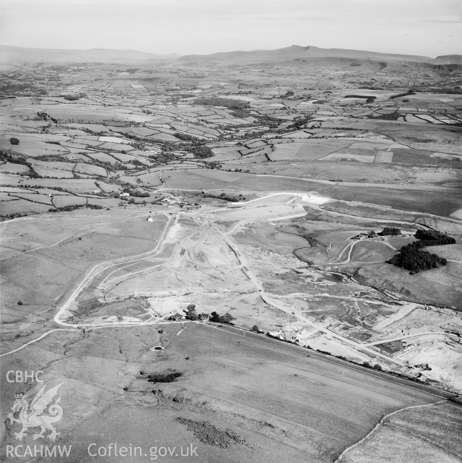View showing construction of Usk reservoir, commissioned by County Borough of Swansea