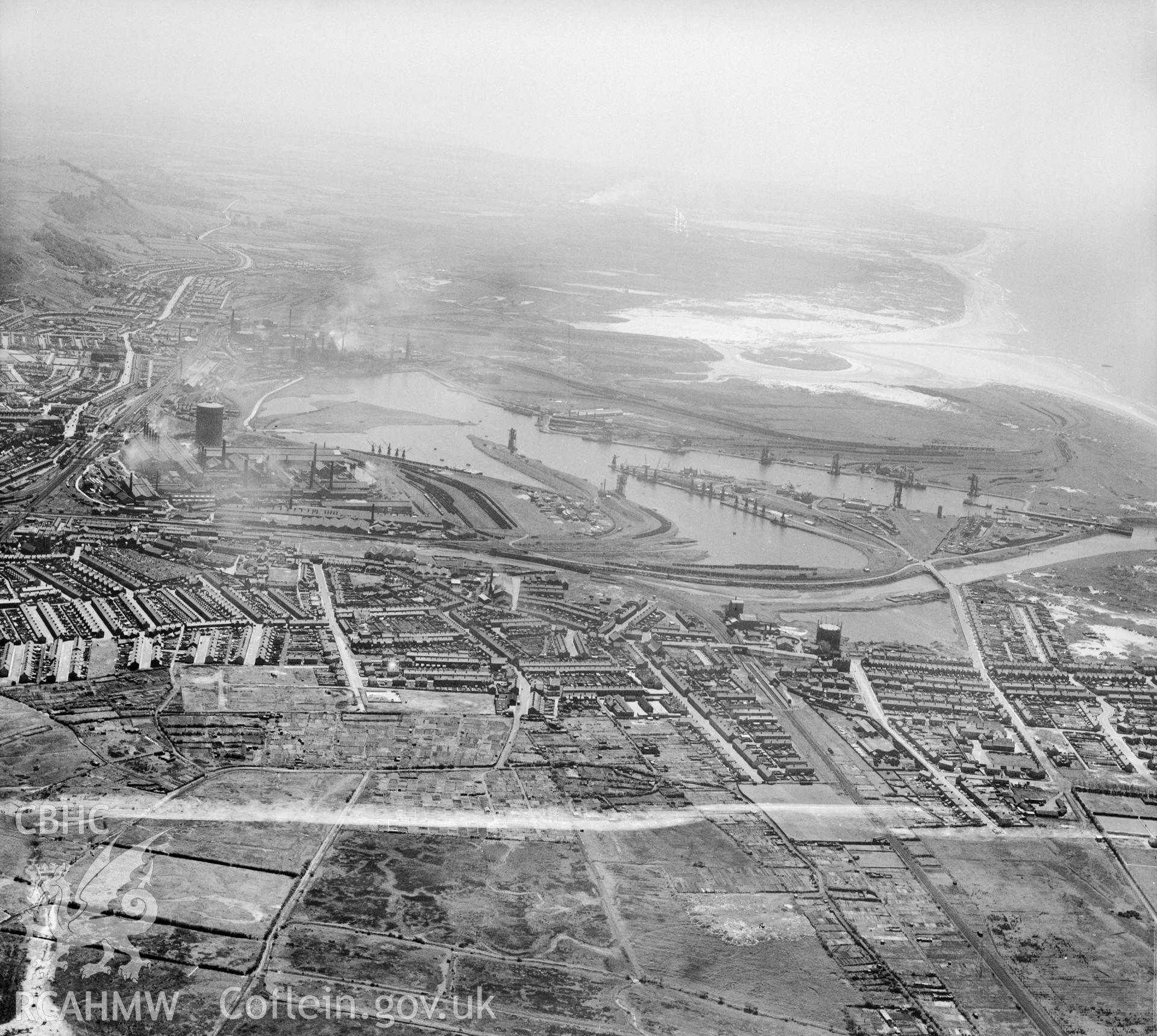 General view of Port Talbot showing docks