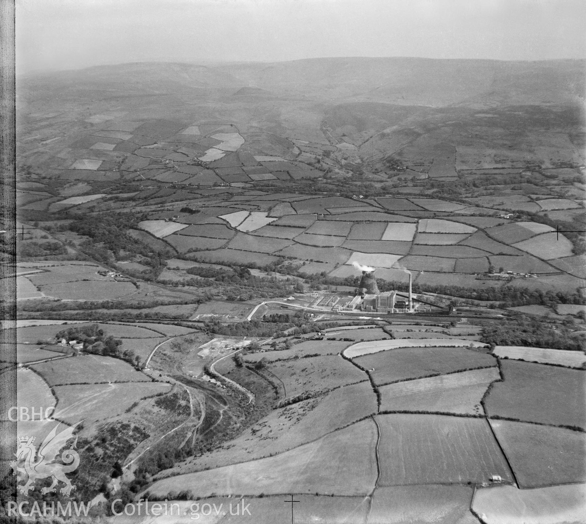 View labelled "South Wales Electric Power Co Bridgend Site", showing Llynfi Valley Power station with camoflaged cooling tower.