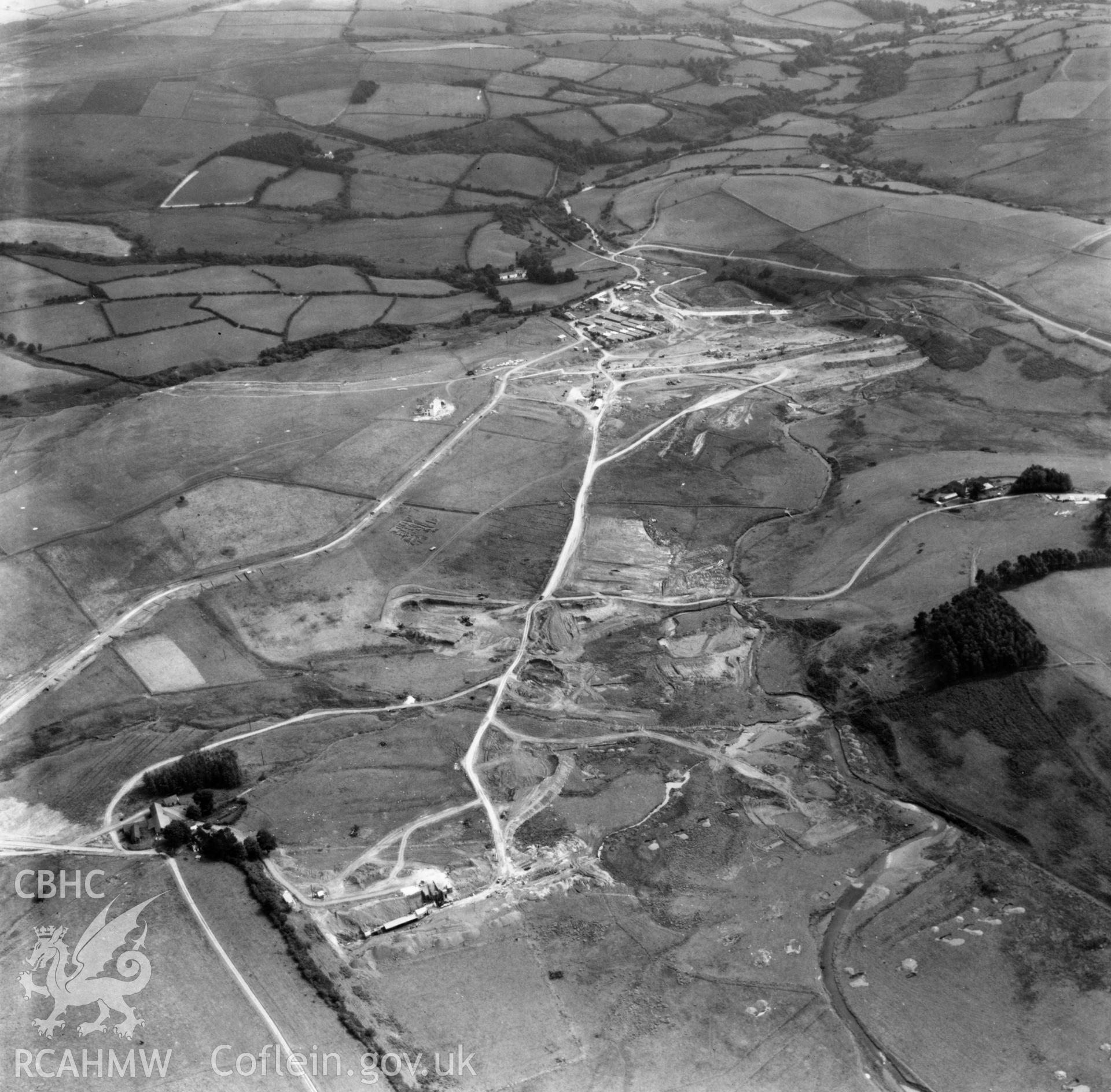 View of site during the construction of Usk Reservoir. Oblique aerial photograph, 5?" cut roll film.