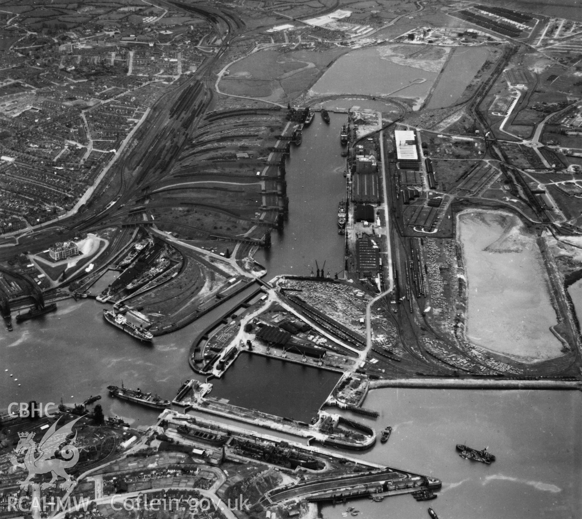 View of Barry docks showing No 1 & 2 docks. Oblique aerial photograph, 5?" cut roll film.