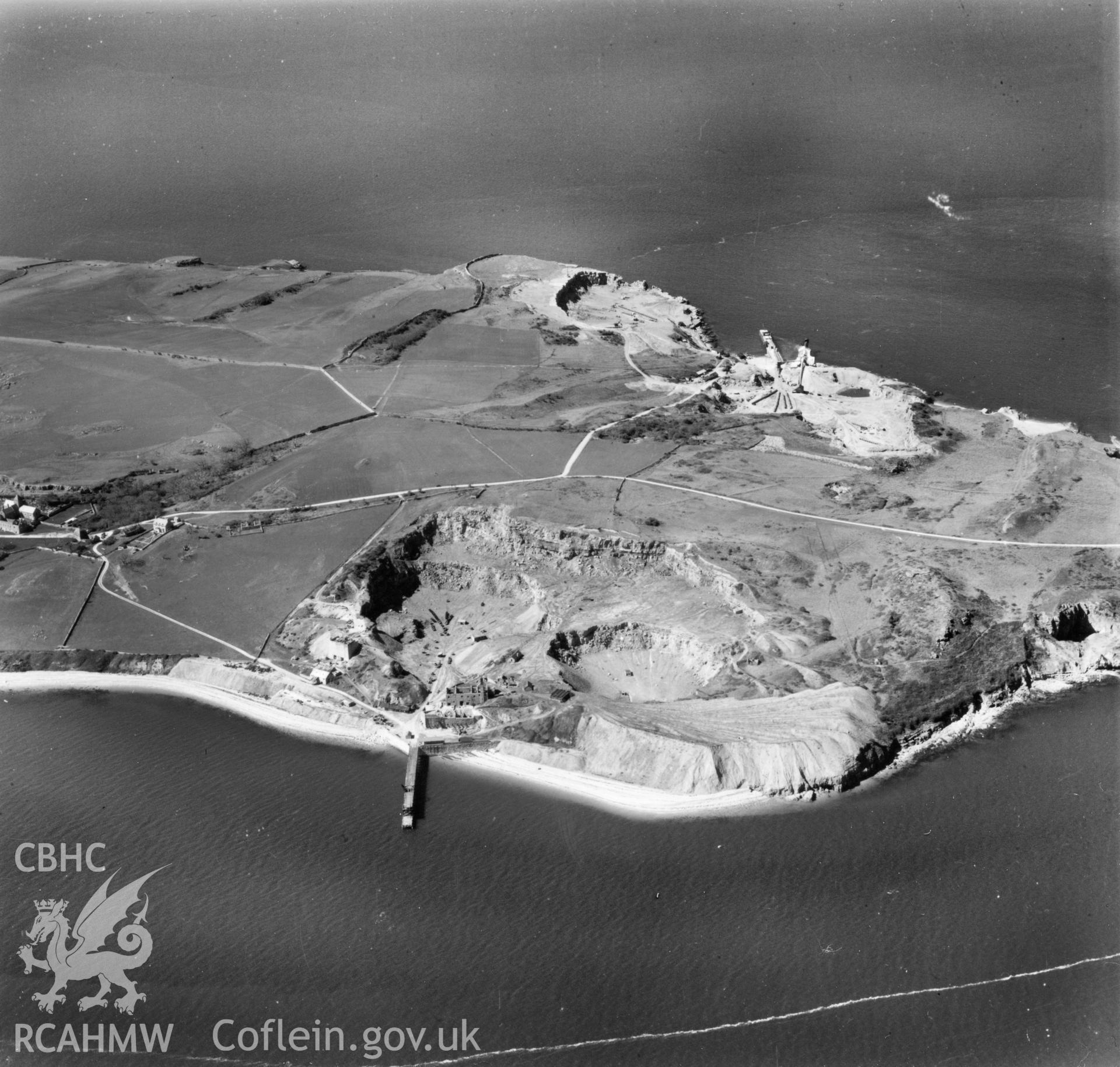 View of Flagstaff and Dinmor Quarries, Anglesey, commissioned by Cawood Wharton & Co. Ltd.. Oblique aerial photograph, 5?" cut roll film.