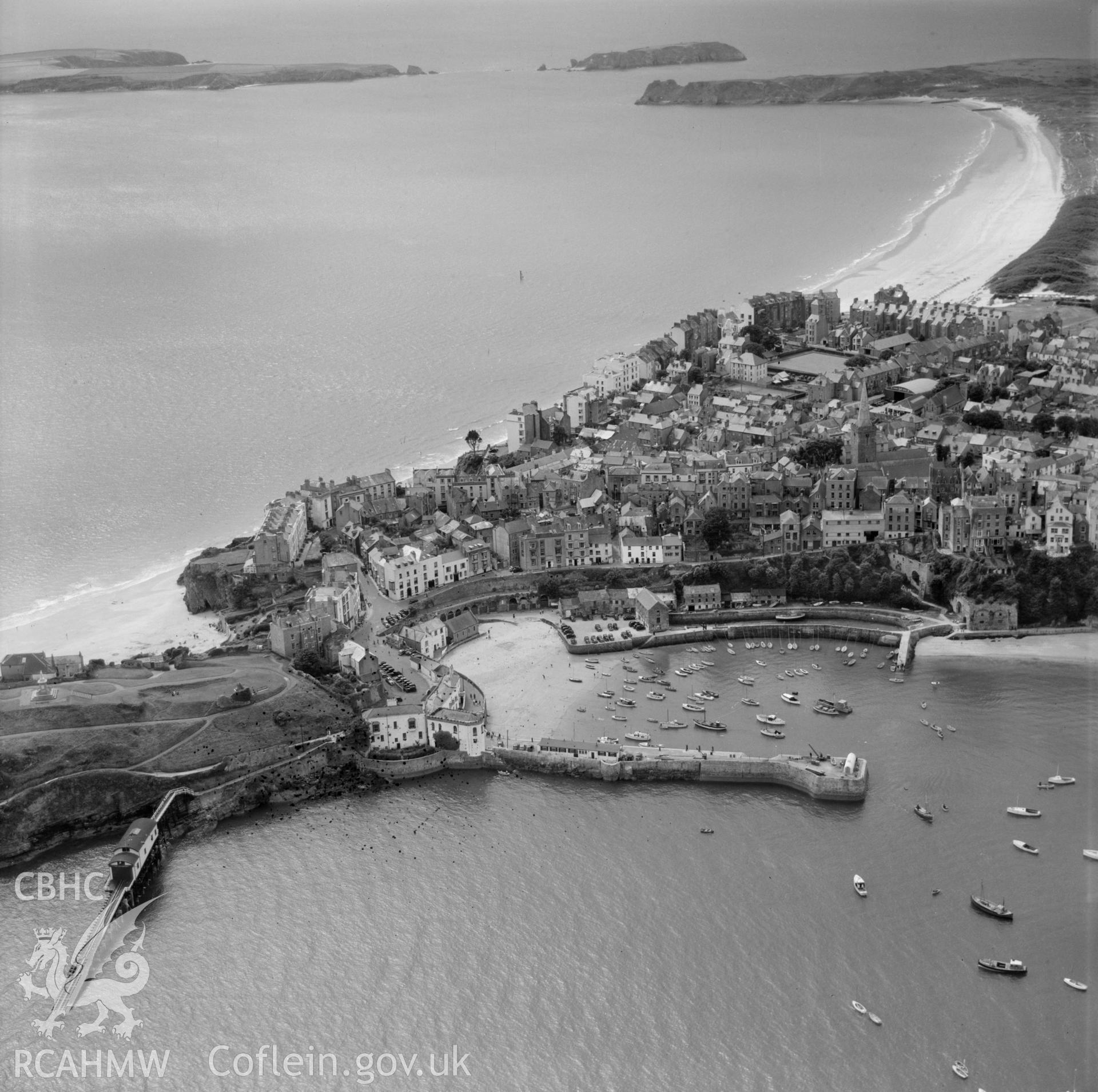 View of Tenby showing castle hill and lifeboat station