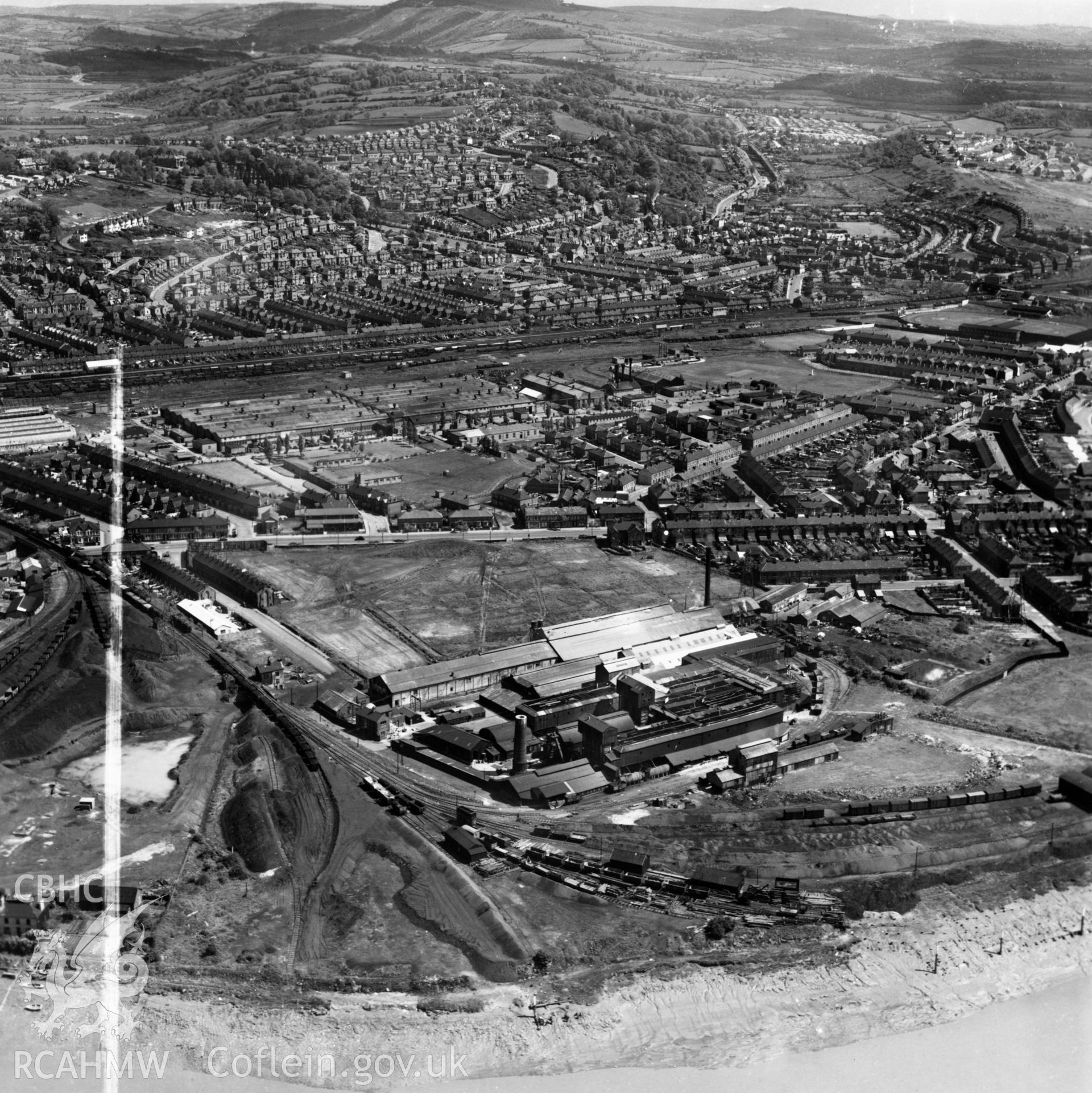 View of the British Glues and Chemicals works, Newport. Oblique aerial photograph, 5?" cut roll film.