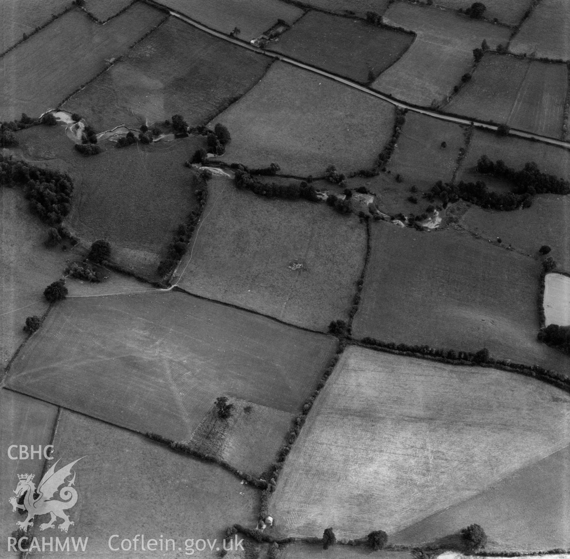 View of Lugg valley showing river Lugg. Oblique aerial photograph, 5?" cut roll film.