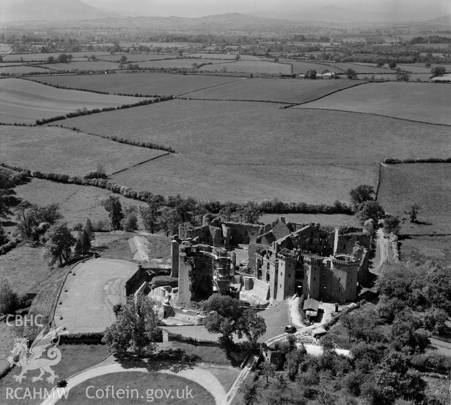 View of Raglan castle with scaffolding