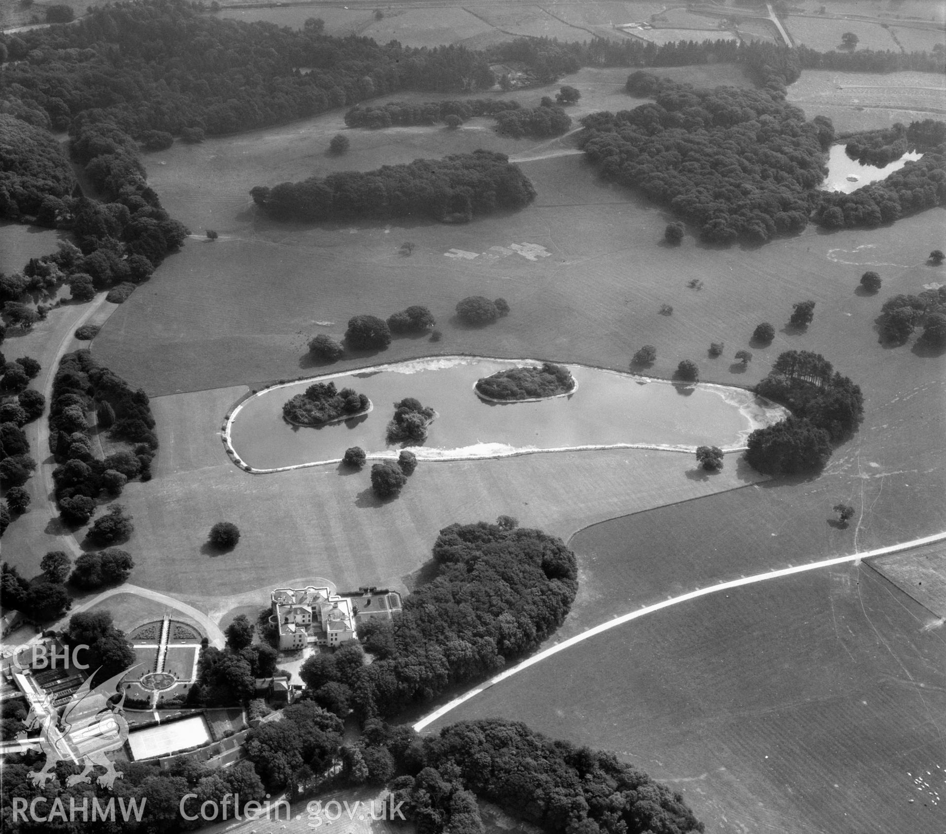 View of Vaynol Hall, estate buildings and parkland