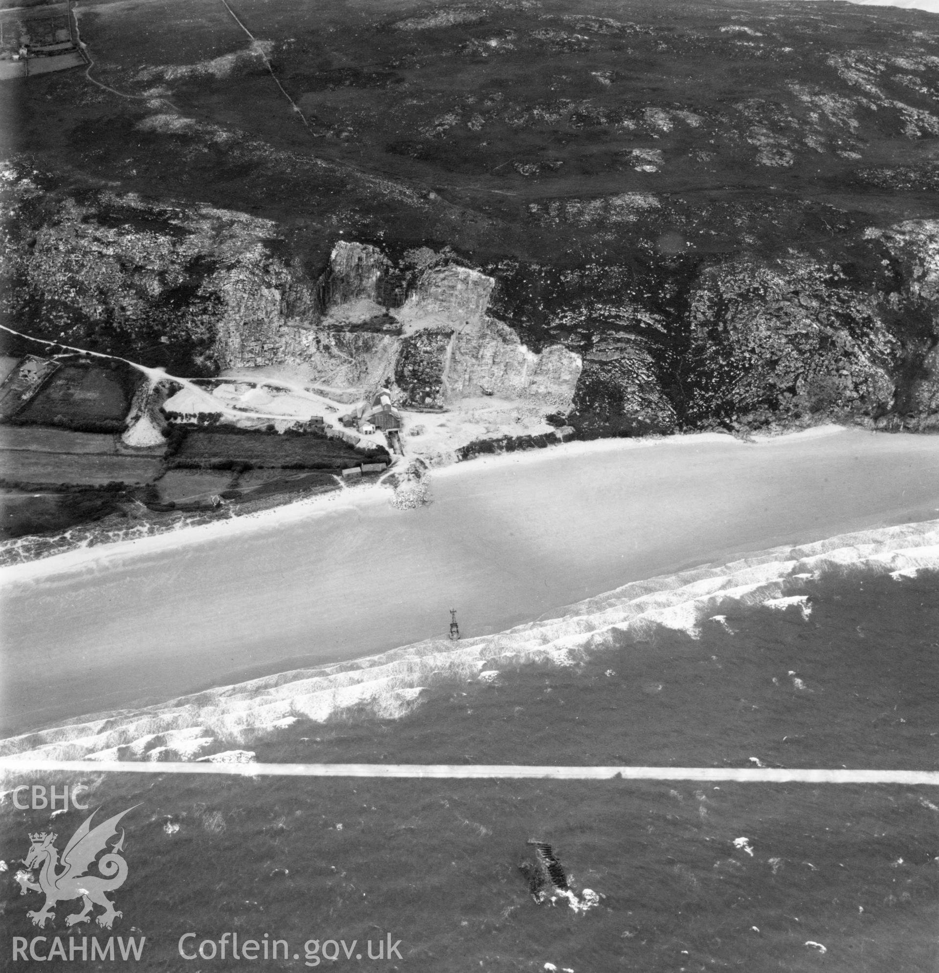 View of Llanbedrog quarry, showing aerial ropeway, commissioned by Cawood Wharton & Co. Ltd.. Oblique aerial photograph, 5?" cut roll film.