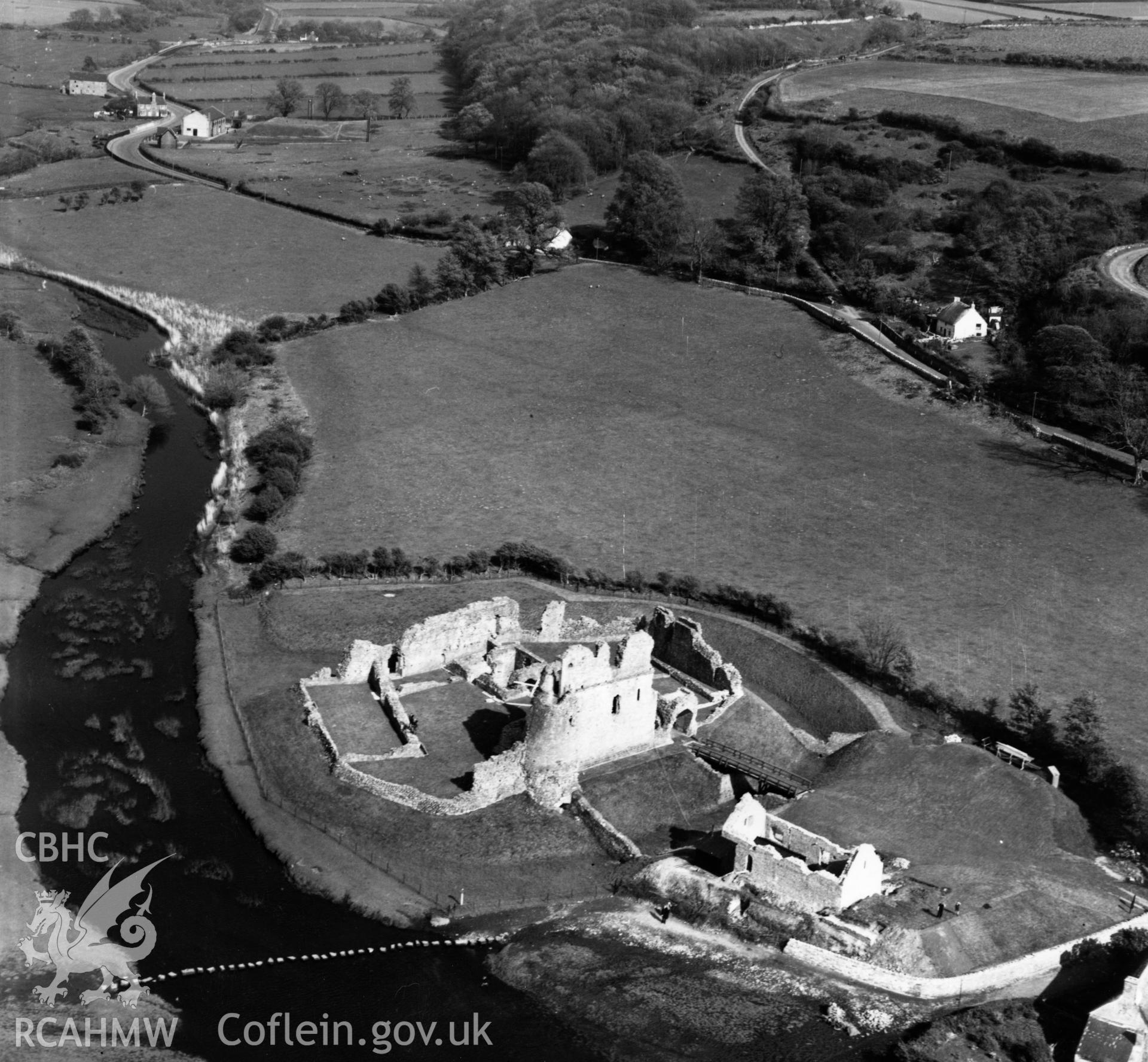 View of Ogmore Castle. Oblique aerial photograph, 5?" cut roll film.