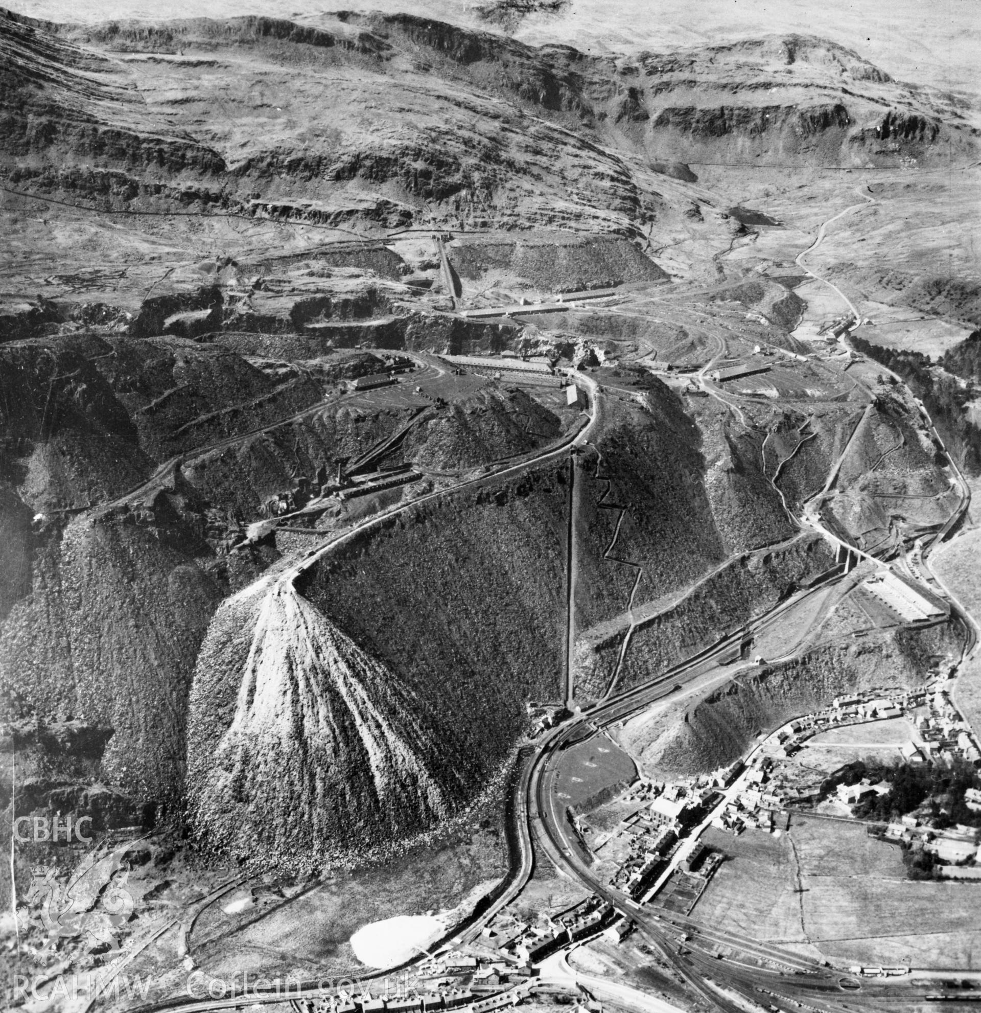 View of Oakley Slate quarries Co. Ltd., showing Rhiwbryfdir and zigzag miners path. Oblique aerial photograph, 5?" cut roll film.