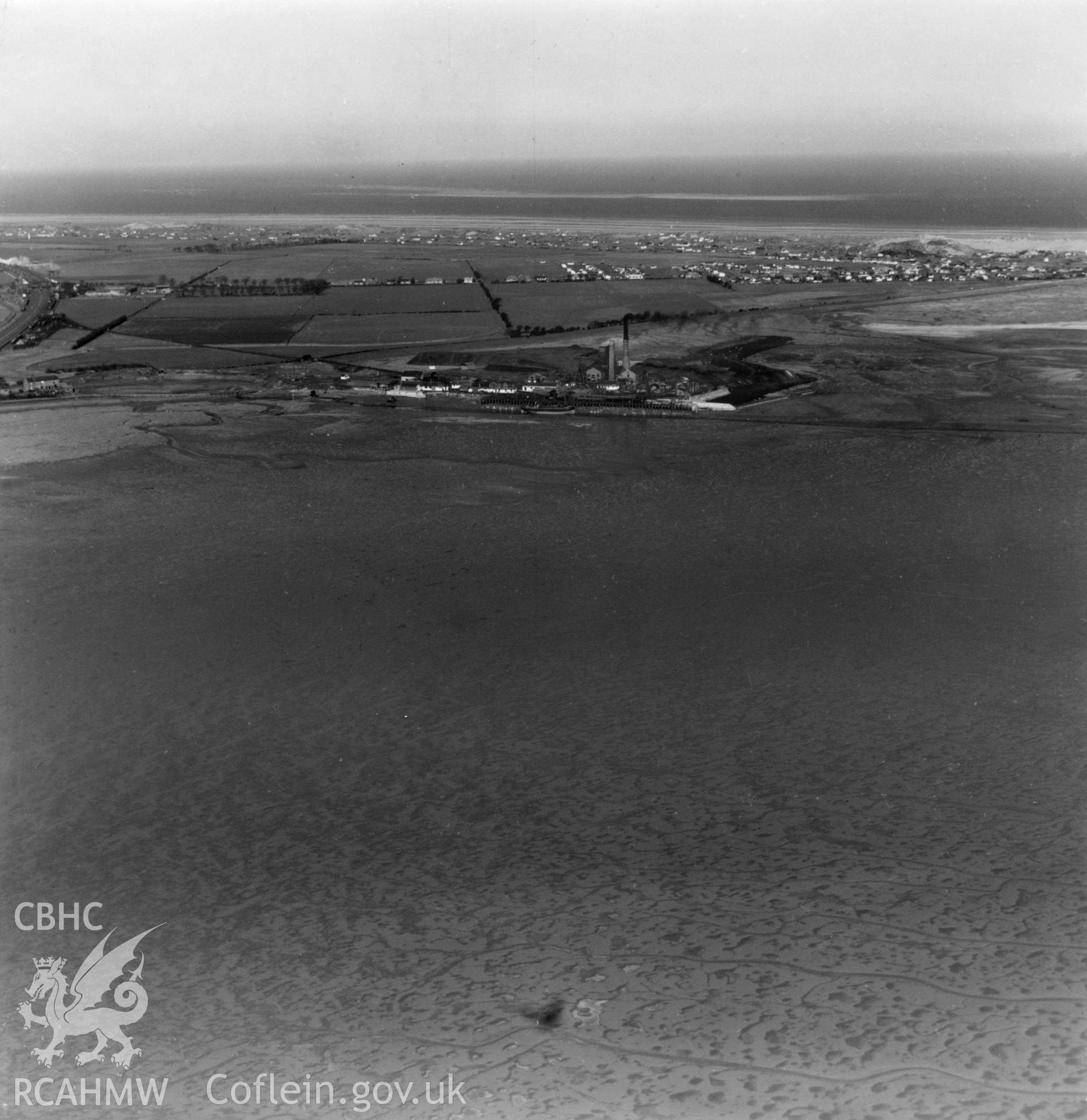 View of mudflats at Point of Ayr showing colliery. Oblique aerial photograph, 5?" cut roll film.