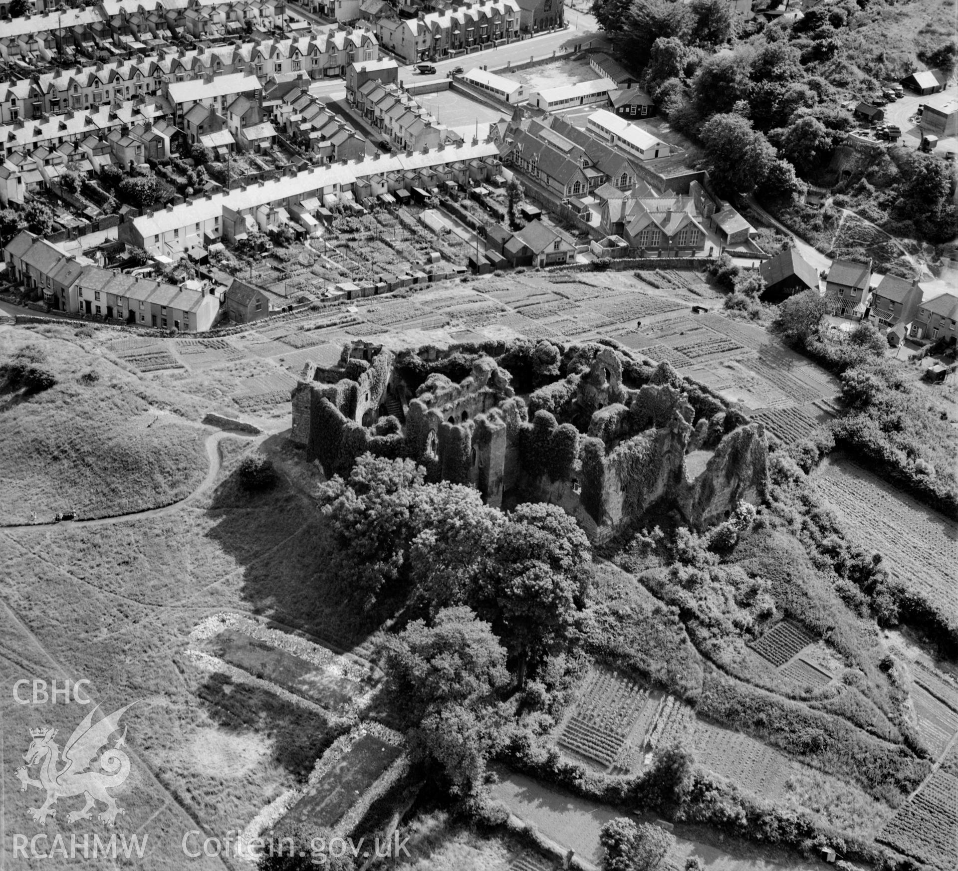 View of Oystermouth castle showing allotment gardens