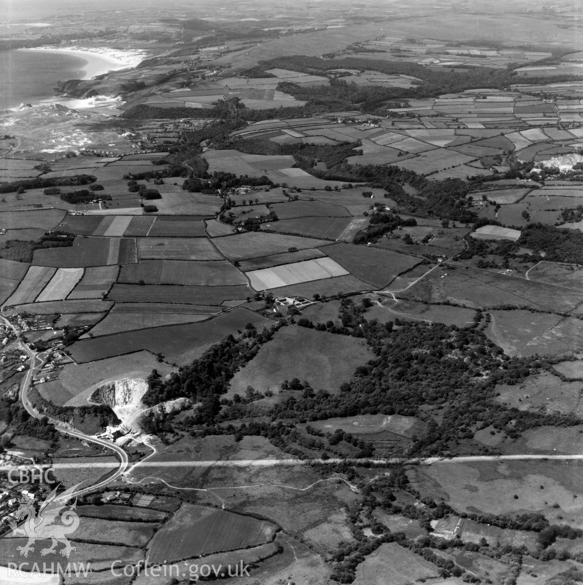 View of Barland quarry, Kittle. Oblique aerial photograph, 5?" cut roll film.