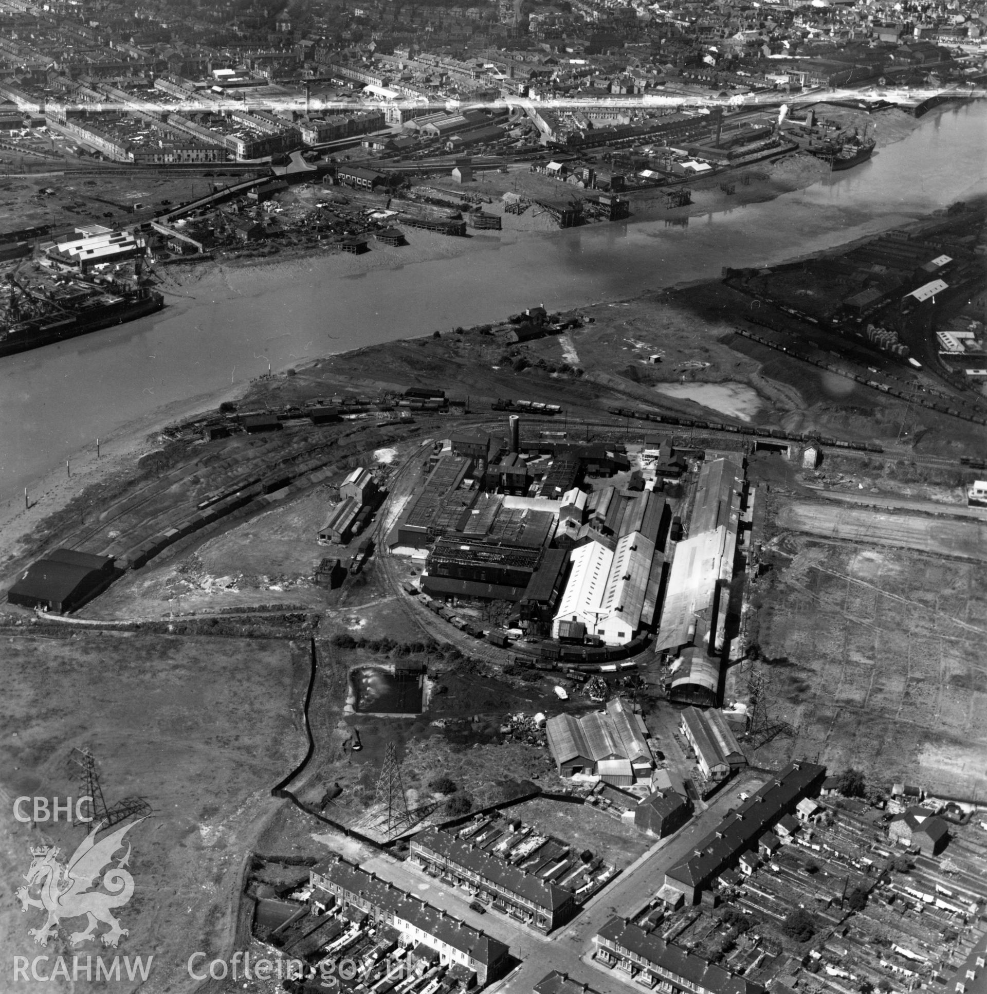 View of the British Glues and Chemicals works, Newport. Oblique aerial photograph, 5?" cut roll film.